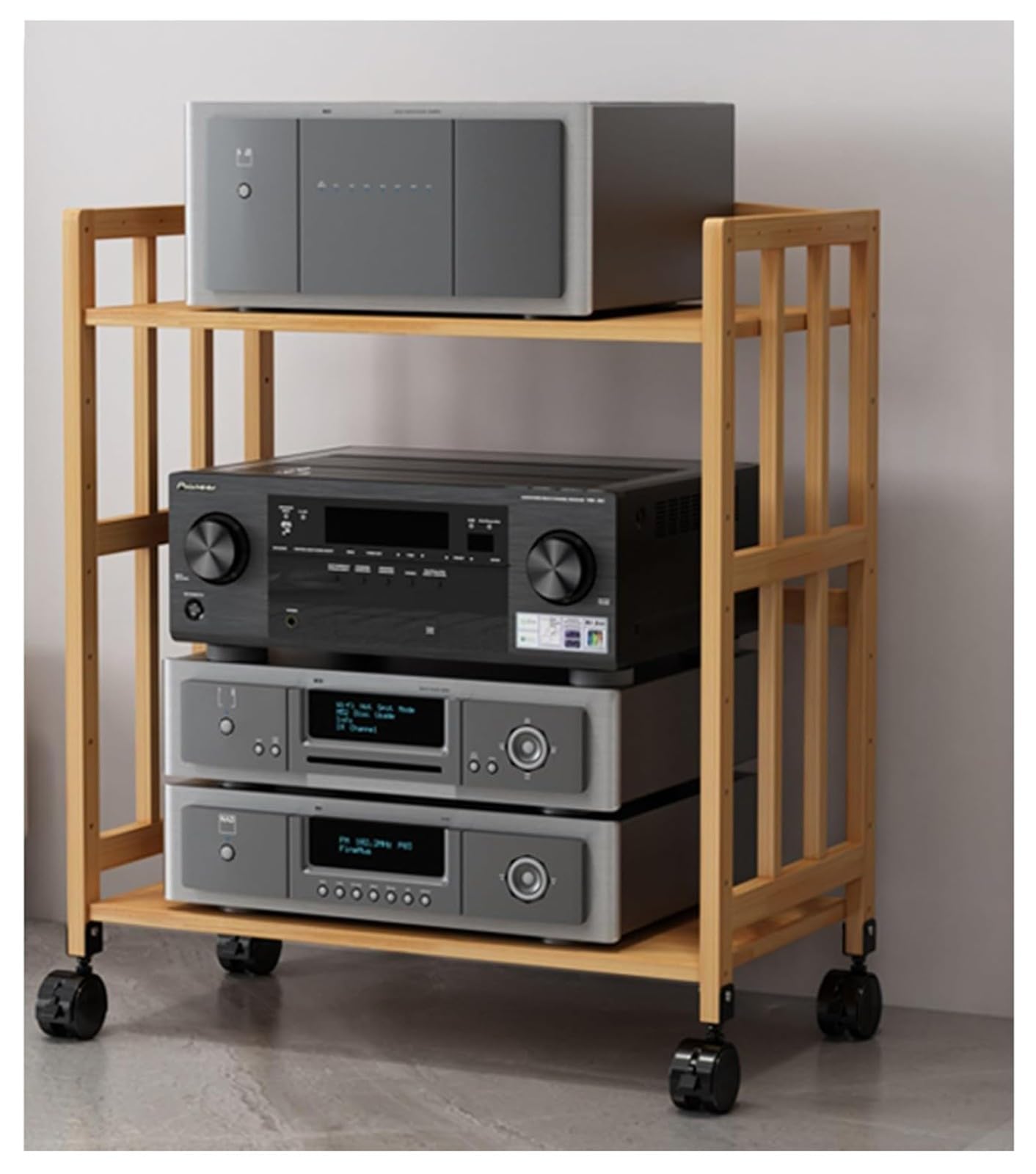 Regał HiFi 5-poziomowy drewniany stojak na audio, stojak na telewizor, stereo, multimedia, regał ścienny, pływające półki narożne z ruchomym uchwytem obrotowym, idealny do salonu lub biura, 158 cm