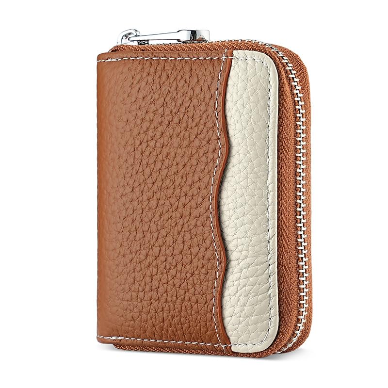 Image of Linno RFID 20 Slots Credit Card Holder Genuine Leather Small Wallet for Women or Men with Zipper, New Brown, 4.1 x 3.3 x 1.19 inches, Fashion Accordion Card Case