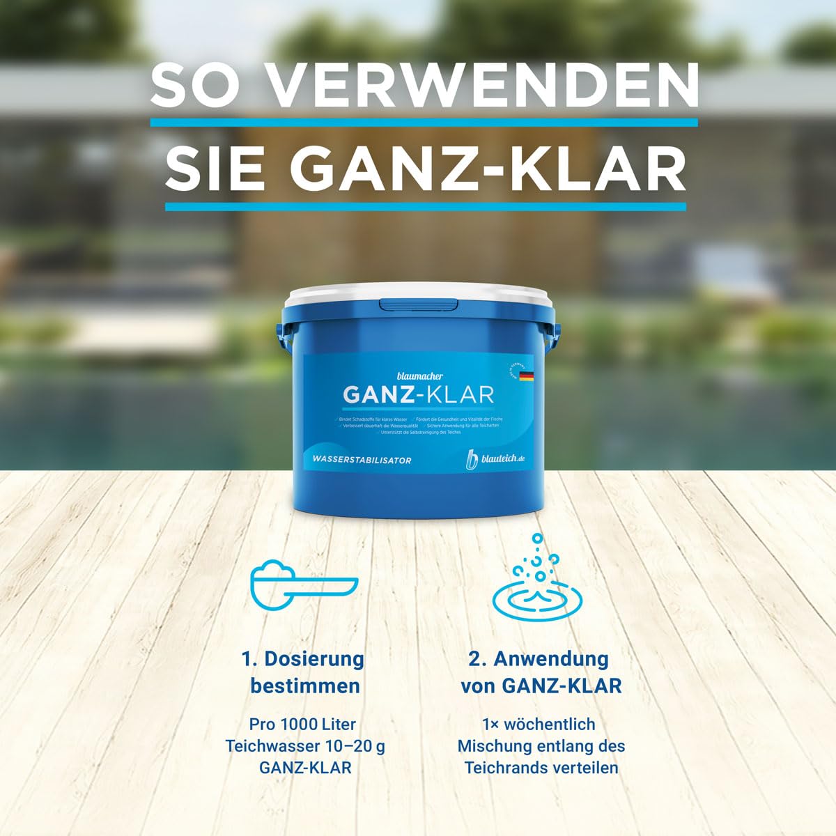 blaumacher GANZ-KLAR – Flockungsmittel & Teichklar-Unterstützung für Teiche, hilft bei Schwebealgen, verbessert Wasserqualität – für Teiche mit Filterbetrieb (2 kg)
