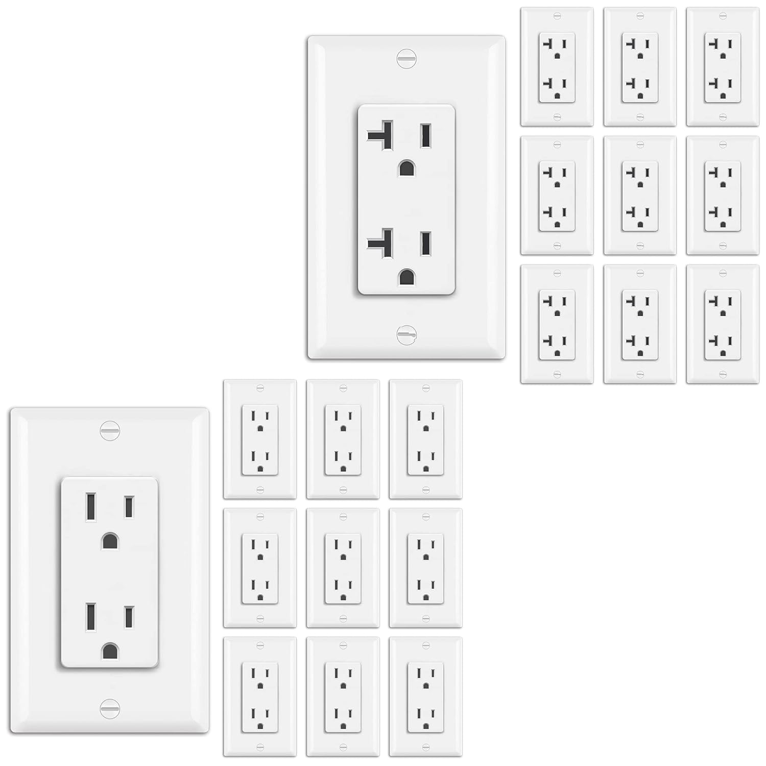 BESTTEN 10 Pack 15 Amp Decor Receptacle and 10 Pack 20 Amp Outlet for Residential and Commerical Use, Decorative Wallplate Included, Non-Tamper-Resistant, UL Listed, White