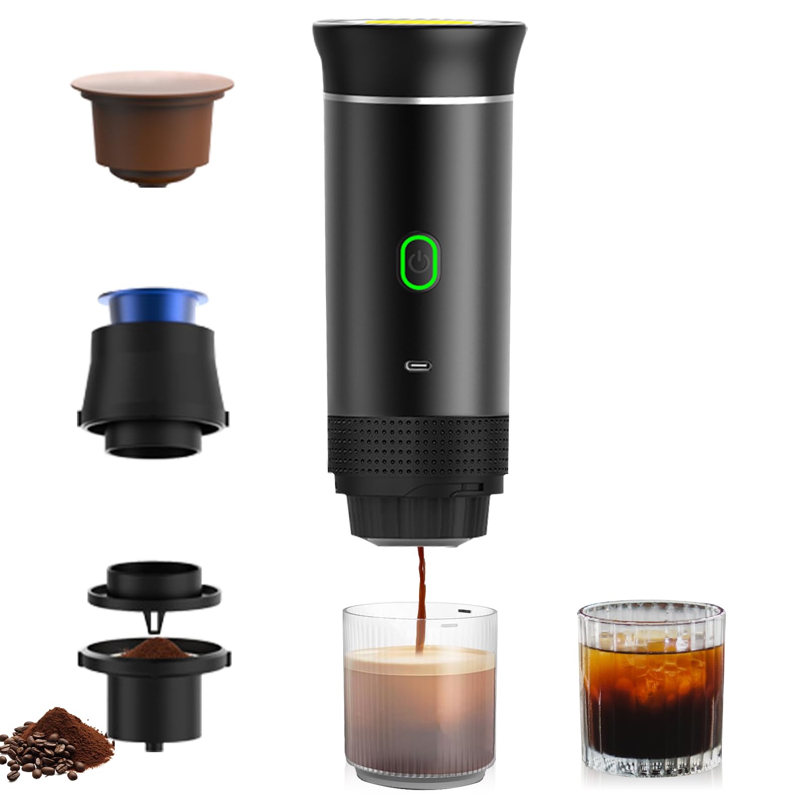 Cafetera portátil con batería, 12 V, máquina expresora de viaje para coche, mini máquina de cápsulas portátil para camping, viajes, autocalentamiento, 8 tazas, compatible con cápsulas