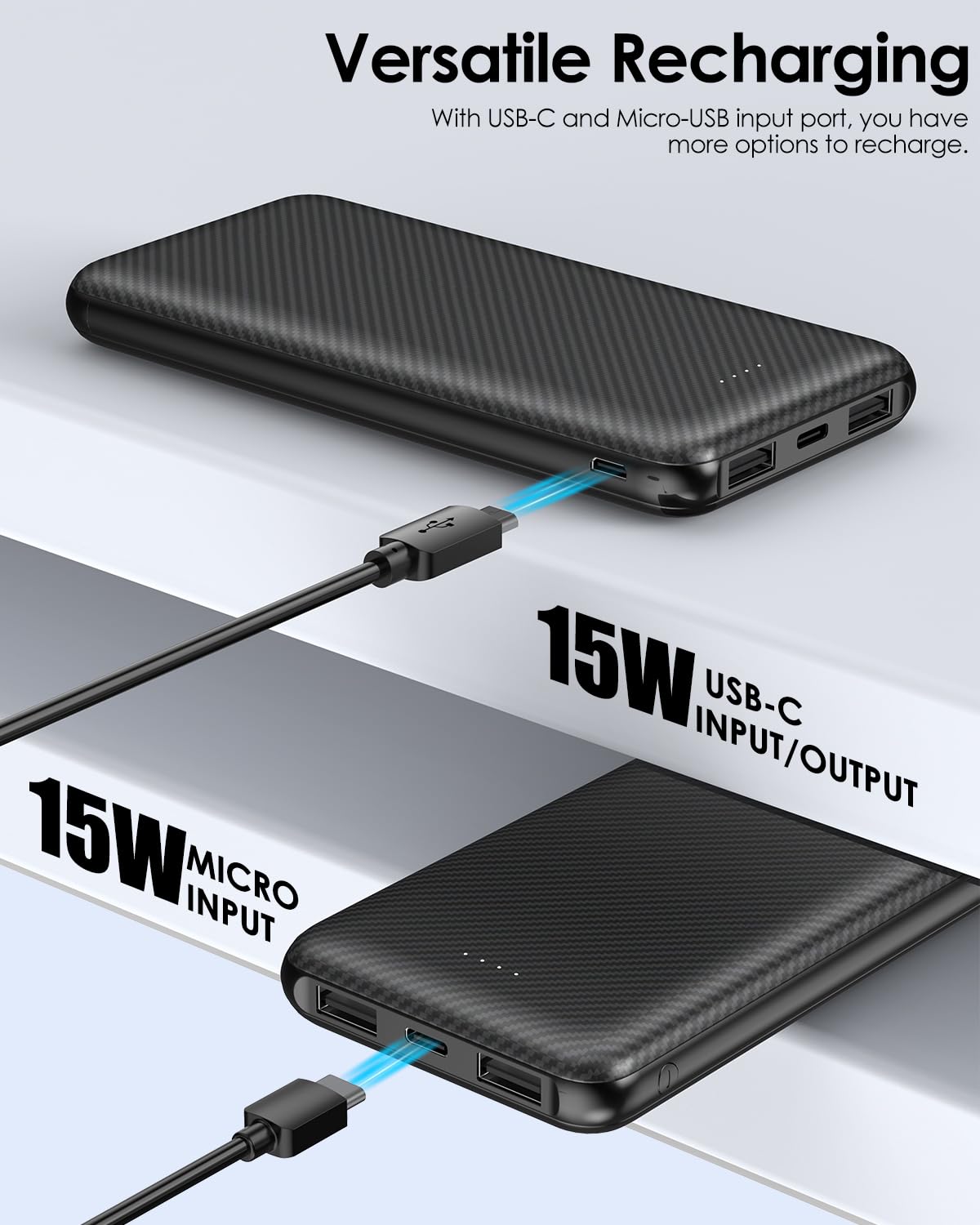 Banca di potere portatile 10000mAh con ricarica rapida USB-C - nero | Batteria sottile da 5 V/3 A per telefoni, da viaggio, leggera, compatibile con iPhone, Galaxy, LG, Sony, Pixel, tablet