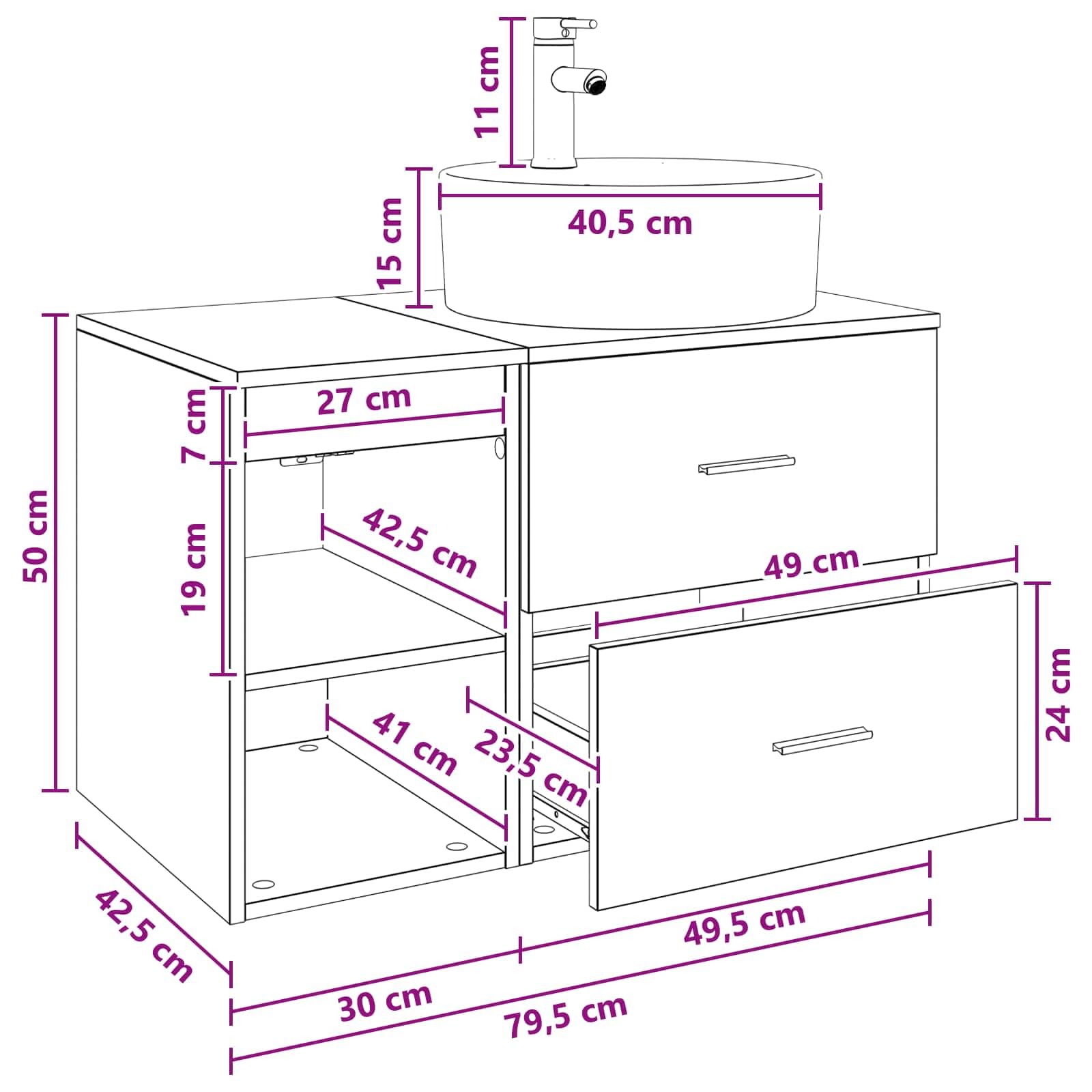 Set di mobili da bagno da 2 pezzi, in legno grigio cemento, montaggio a parete, con lavandino e rubinetto, mobile da bagno per ristrutturazione, bagno, WC degli ospiti, lavabo, mobiletto