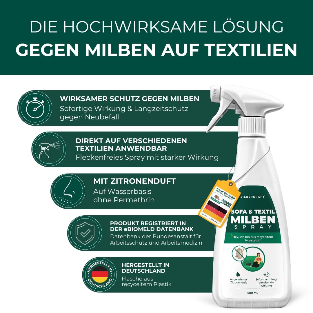 Silberkraft Milbenspray Sofa Textil 2L Kanister - Anti Milben Spray für Polstermöbel Couch Kissen - Hausstaubmilben vertreiben auf Textilien