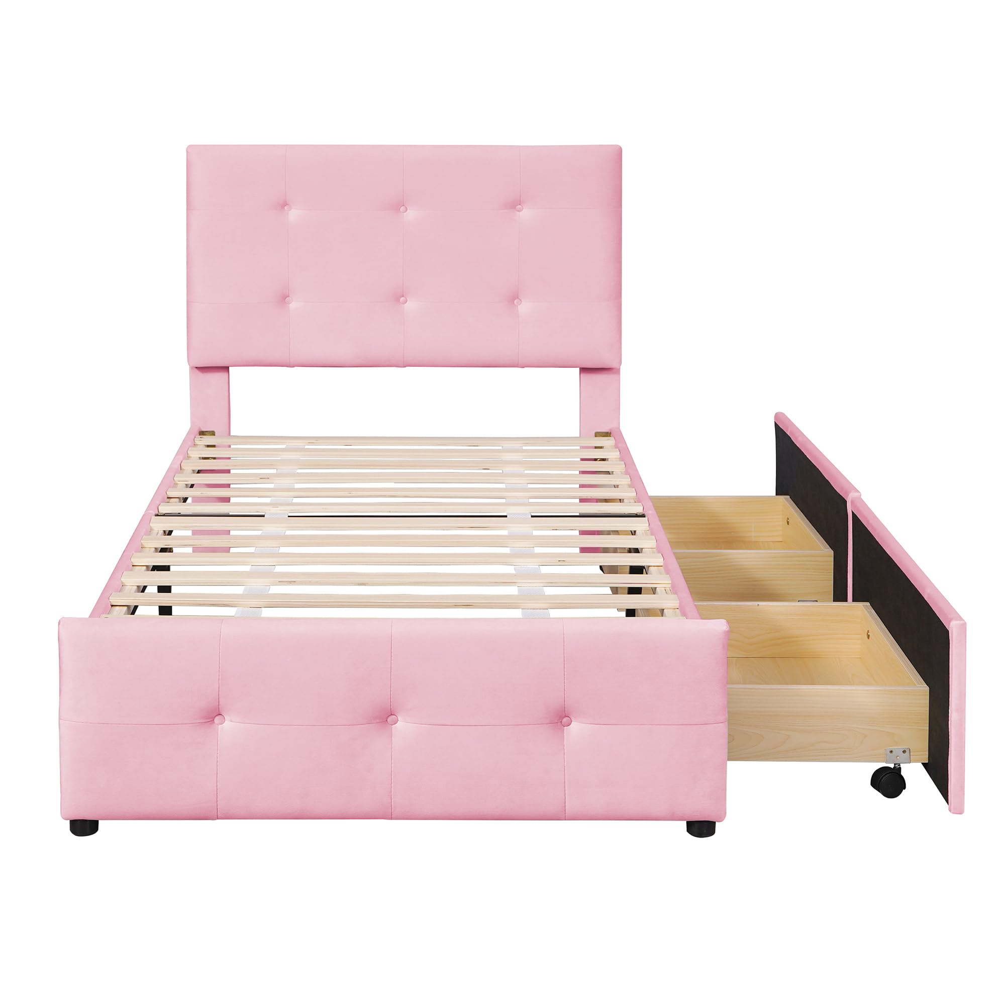 Merax Polsterbett Einzelbett mit 2 Schublade, Bett mit Lattenrost und Rückenlehne, Samtstoff, Kinderbett Jugendbett Gästebett, Stauraumbett, Schlafzimmermöbel, ohne Matratze, 90 x 200 cm, Rosa