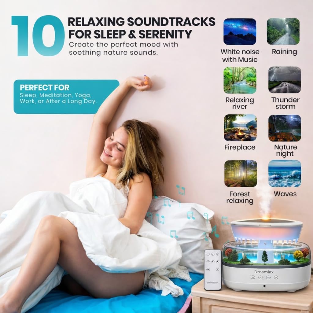 Dreamlax Rain Humidifiers for Bedroom – Cool Mist Essential Oil Diffuser, White Noise Machine with 10 Nature Sounds, 7 LED Lights, Remote Control & Decorative Raindrop Lamp