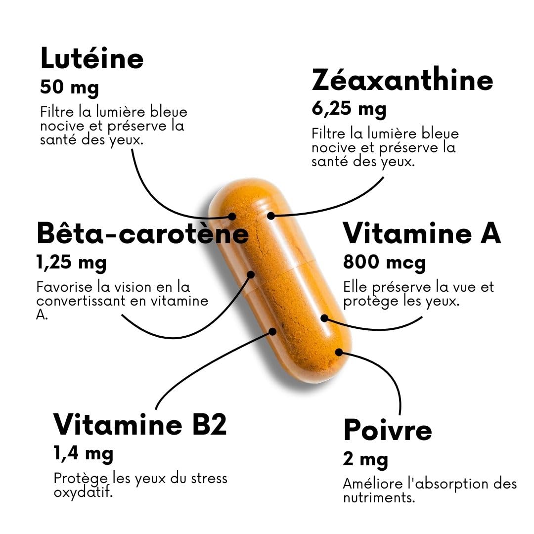Lutéine 50 mg avec zéaxanthine, bêta-carotène, vitamines A & B2, pipérine | 365 gélules | Santé des yeux & protection contre la lumière bleue | Sans OGM & sans gluten | par nutrive pharma