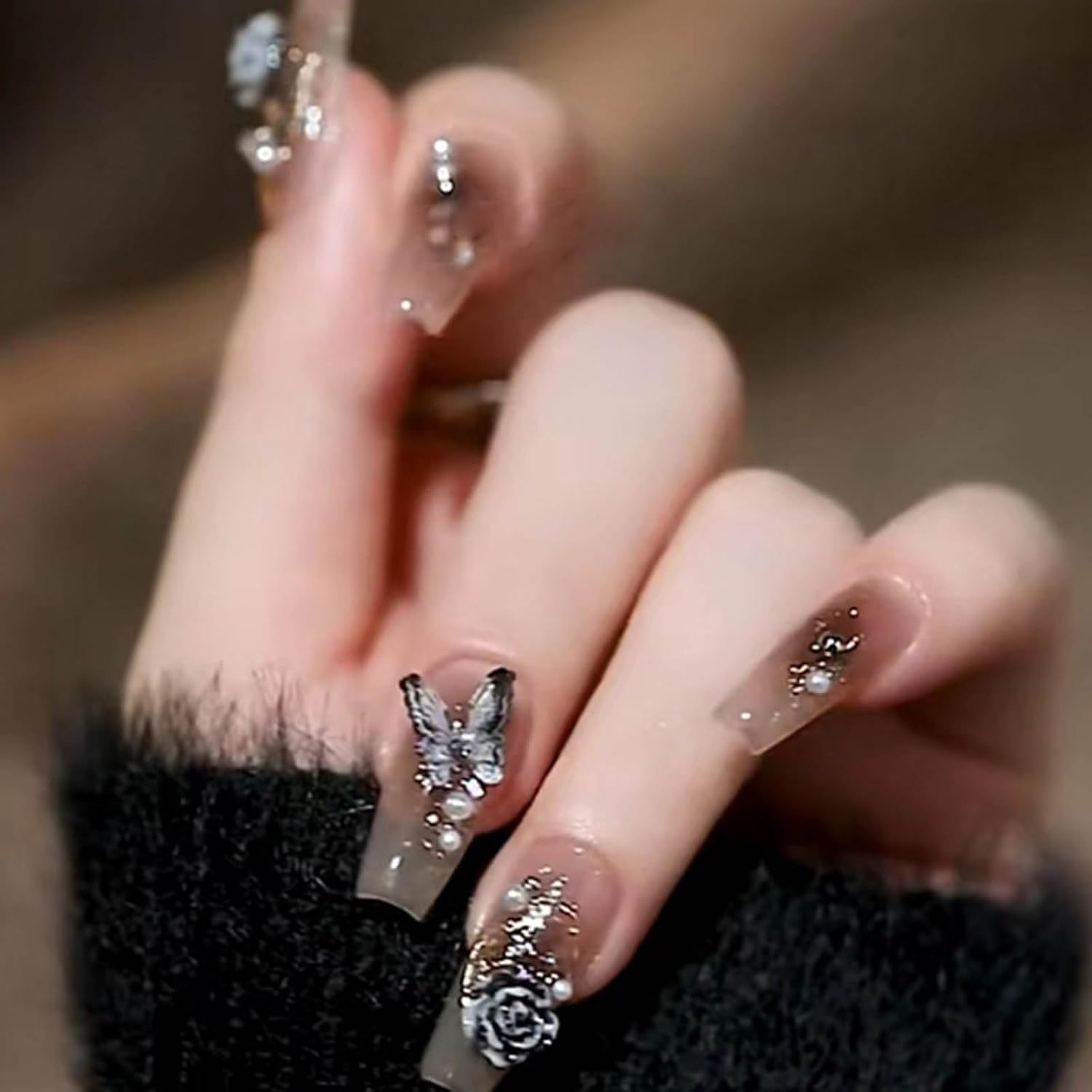 Hkanlre Coffin Press on Nails - Flower Medium False Nails