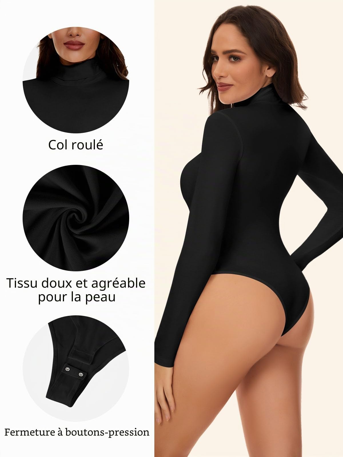 Joyshaper Body Manches Longues Femme Elégant Body String à Col Haut Bodysuit Top Automne Hiver Body Minceur Combinaison Jumpsuit