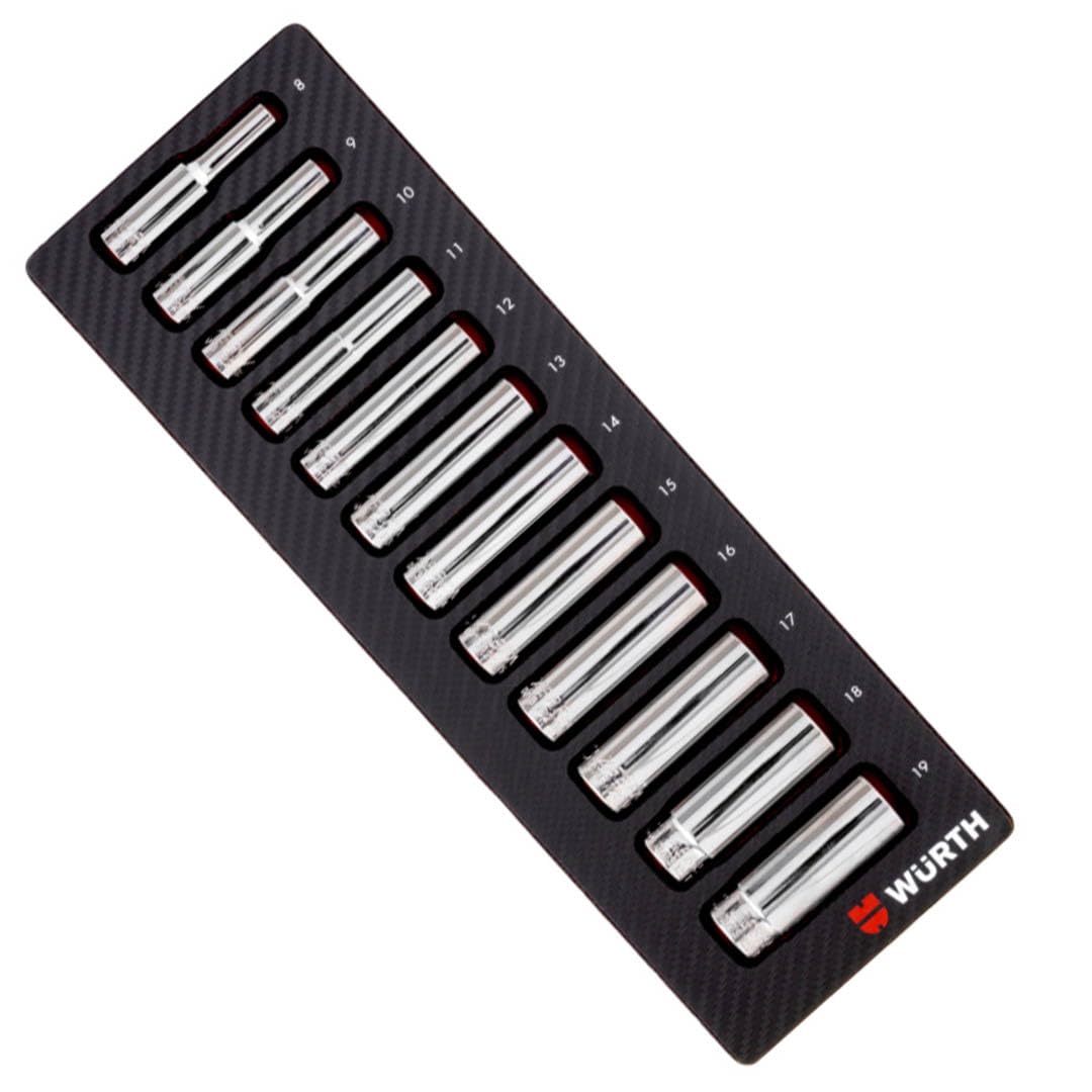 Würth Zebra 3/8 Zoll Steckschlüssel Nuss Satz 12 Teile lange Ausführung 64mm 0965905909 in Systemsatz in Schaumeinlage in Carbon Optik 2.4.1 für Werkstattwagen