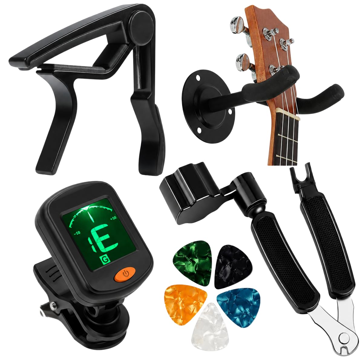 IMAGINEA Guitar Accessories Kit with Clip-On Digital Tuner, Capo, Wall Mount Hanger, String Winder Cutter Tool & 5 Picks | Complete guitar Maintenance and Playing Set-image-21