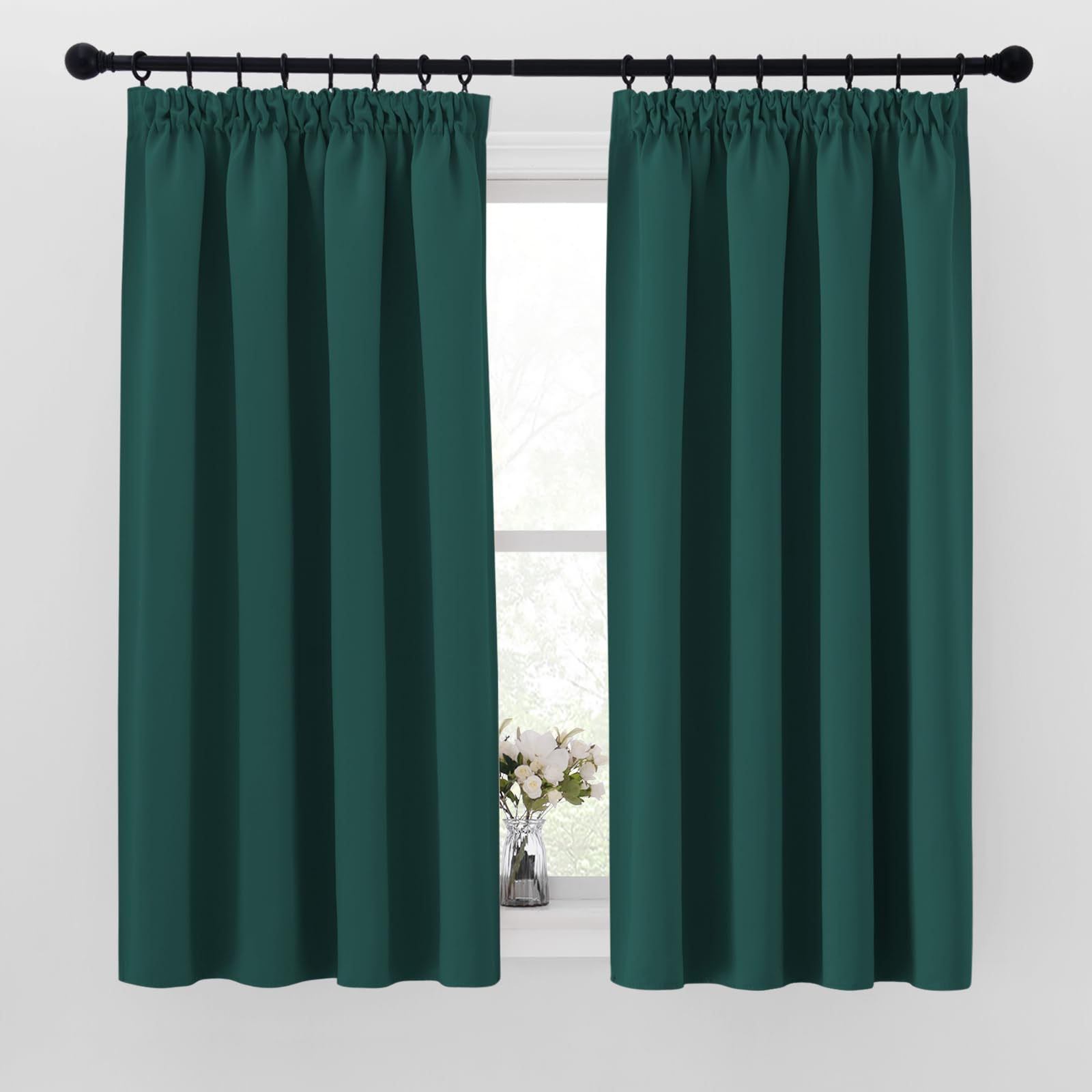 PONY DANCE Blackout Pencil Pleat Curtains, Dark Green, W42 x L54, 2 Panels