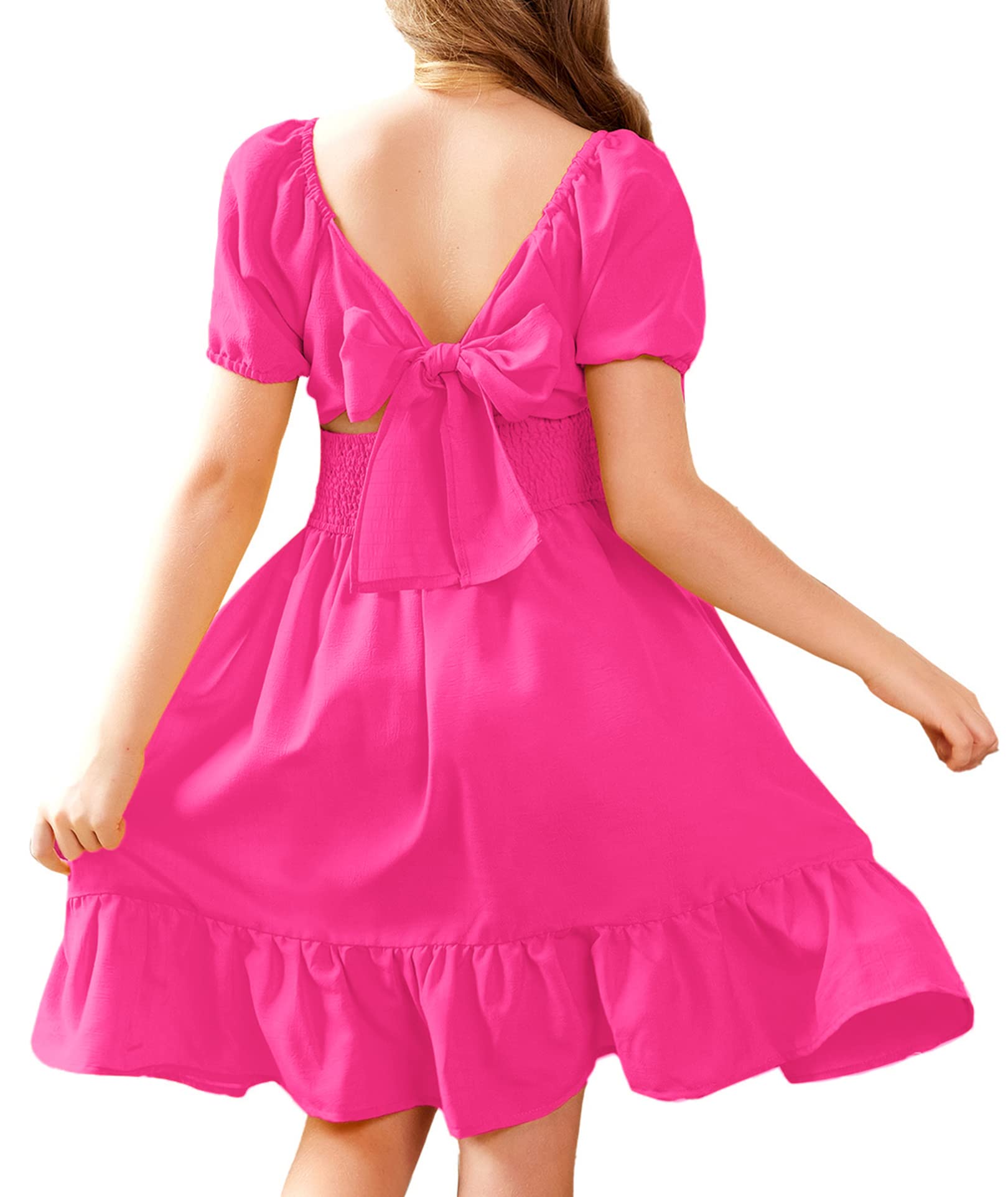 Arshiner Girls Tie Back Short Sleeve Ruffle Hem Off Shoulder Casual Elegant Dresses 4-12 Years