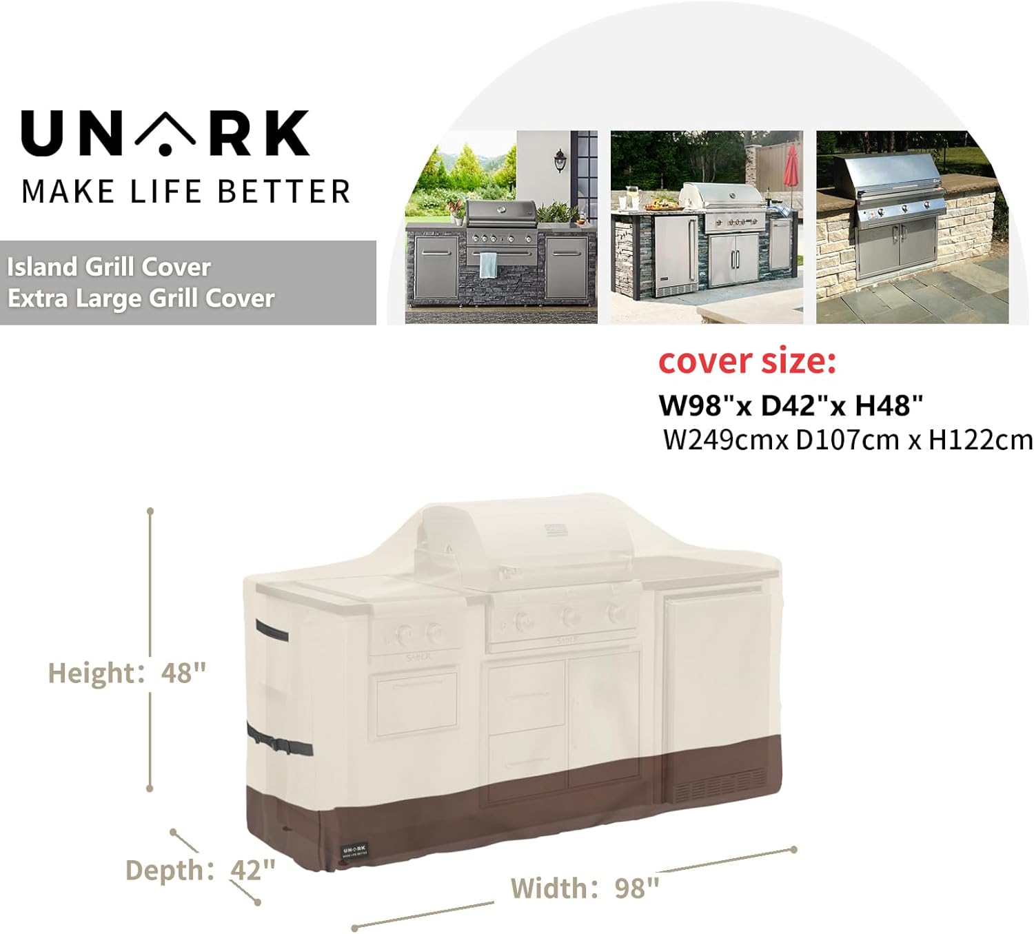 98 Inch Extra Large Grill Cover Kitchen Island Cover Large Island Grill Cover for Outdoor Grill Outdoor Kitchen Cover Heavy Duty Waterproof 98" L x 42" W x 48" H, Beige and Brown
