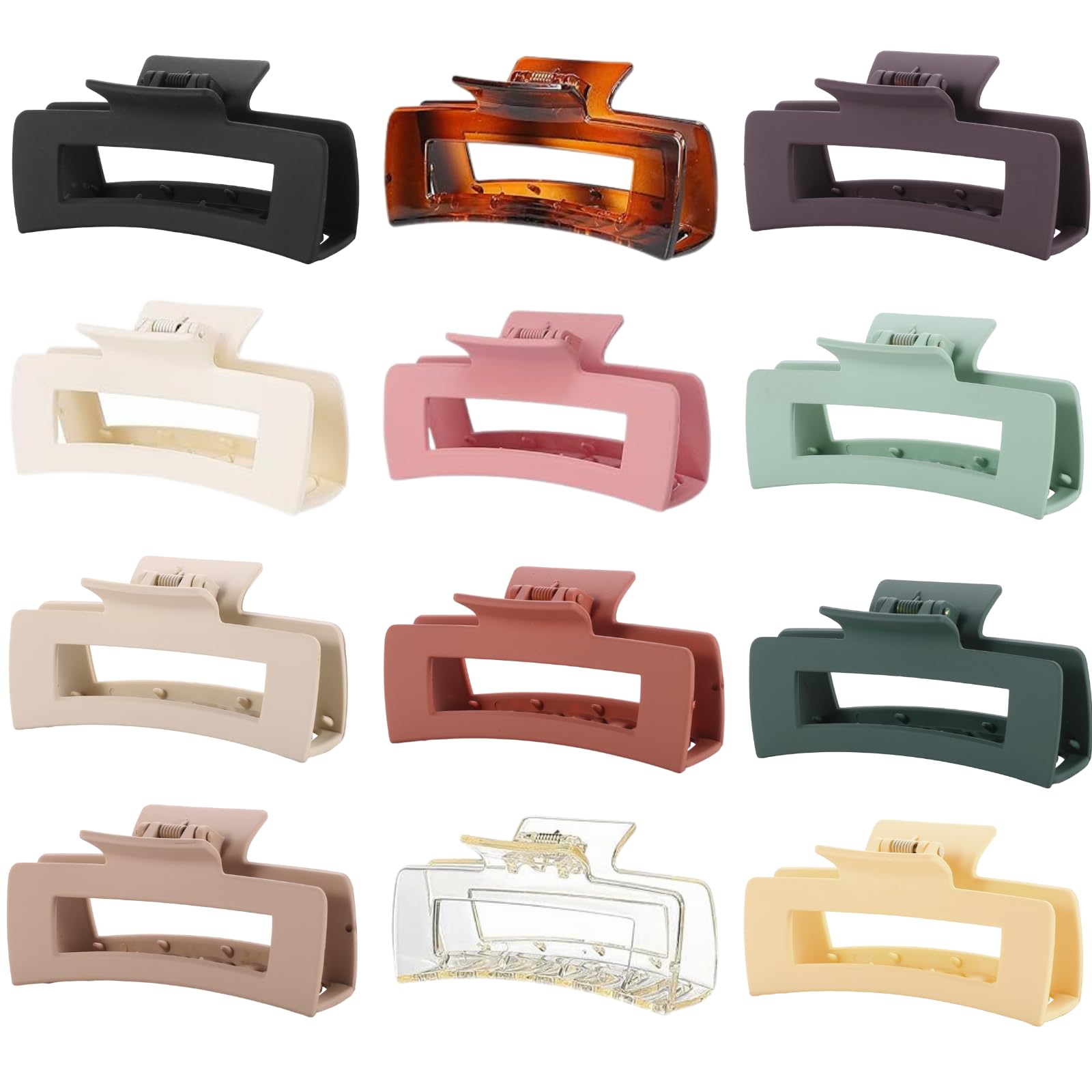 12 Pcs Large Square Hair Claw Clips for Women, 4.3-Inch Matte Rectangle Claw, Strong Hold Non-slip Hair Clips for Thick & Thin Hair,Mixed Color for Gifting, Work, and Daily Styling