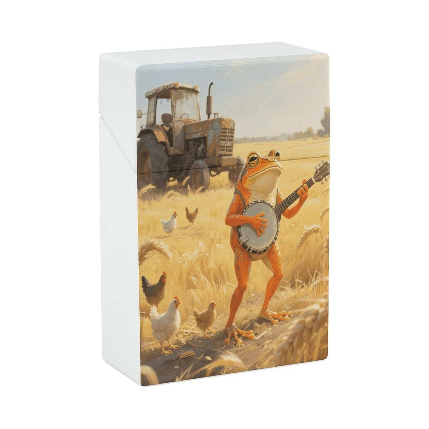 Frog Playing Banjo Cigarette Case Hard Plastic Flip-Top Slim Pocket-Size Cigarette Holder for 18-20 King Size Cigarettes Crush-Proof Cig Case Reusable Smoking Accessories for Men Women