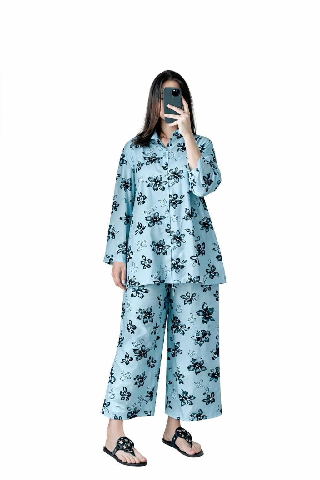 KaSwa Women’s 2-Piece Floral Loungewear Set in Blue – Relaxed Fit Button-Down Tunic & Wide-Leg Trousers – Breathable Cotton-Blend Co-ord Set (IN, Alpha, L, Regular)-picture-28
