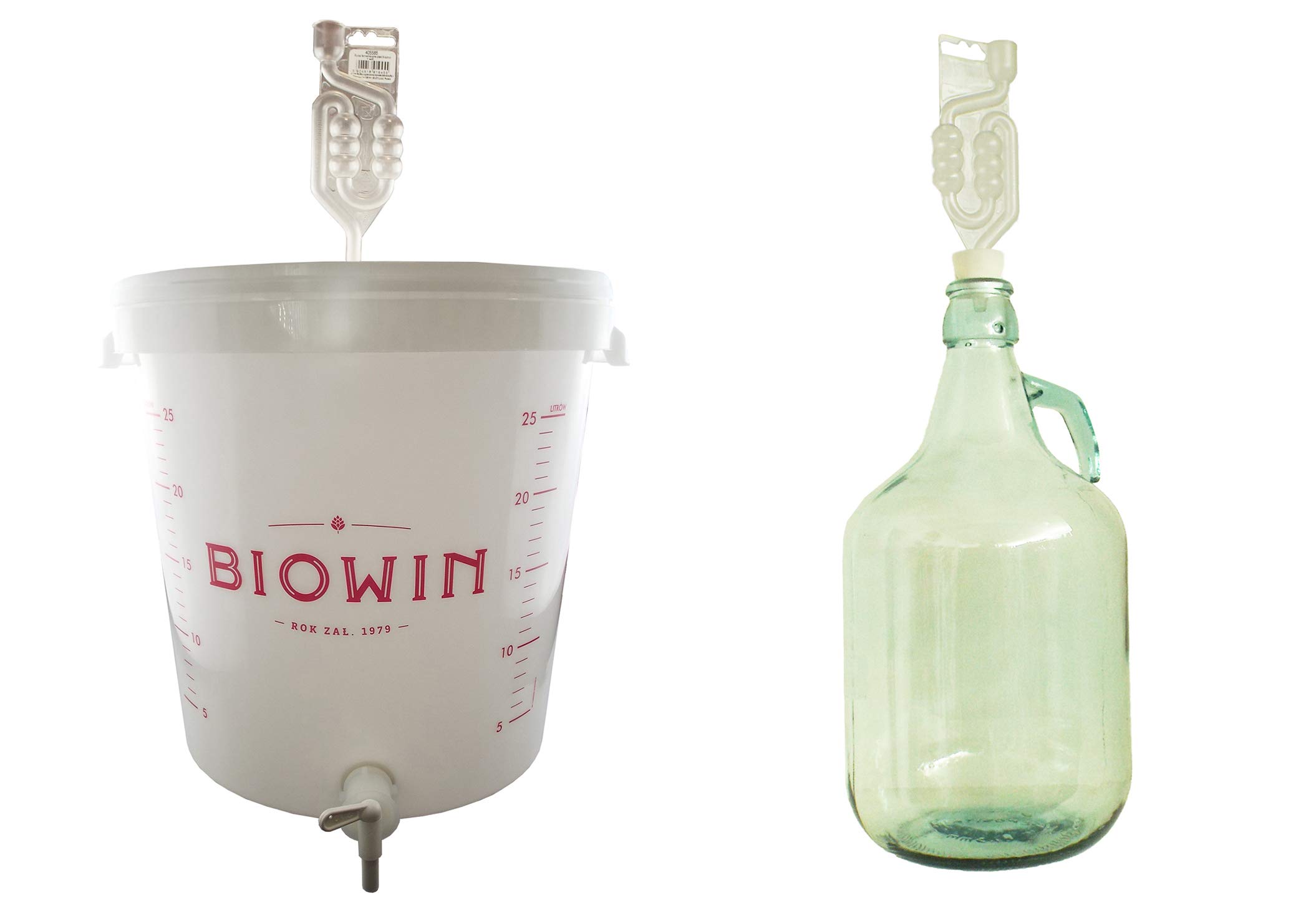 Wiadro fermentacyjne 30 l z blokadą powietrzną, kranem i rurką syfonową + 5 l Demijohn z blokadą powietrzną i wiązką