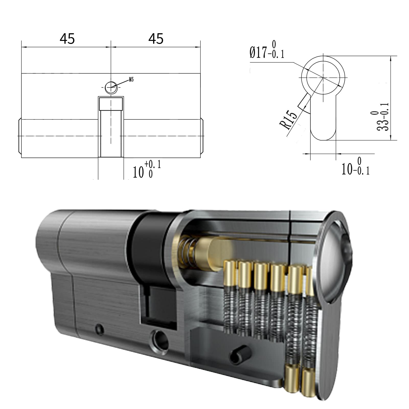 Cerradura de cilindro 45 45 mm, Anti-Ruptura Cerradura de cilindro de embutir de doble apertura, 5 llaves principales y tarjeta de código