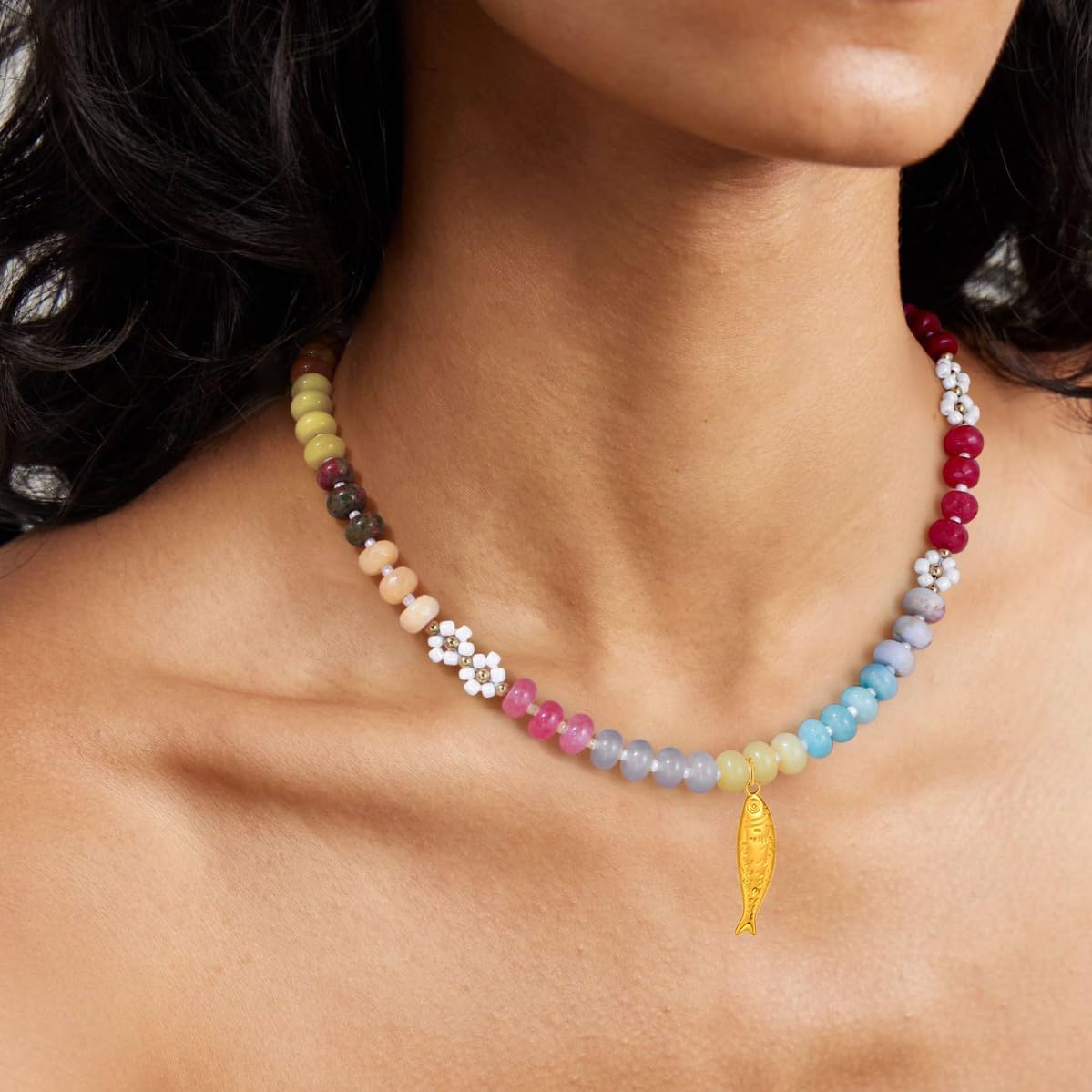 Colorful Beaded Gemstone Choker Necklaces For Women, Boho 14K Gold Stainless Steel Fish Pendant Natural Stone Summer Charm Beach Jewelry Gift - Image 2