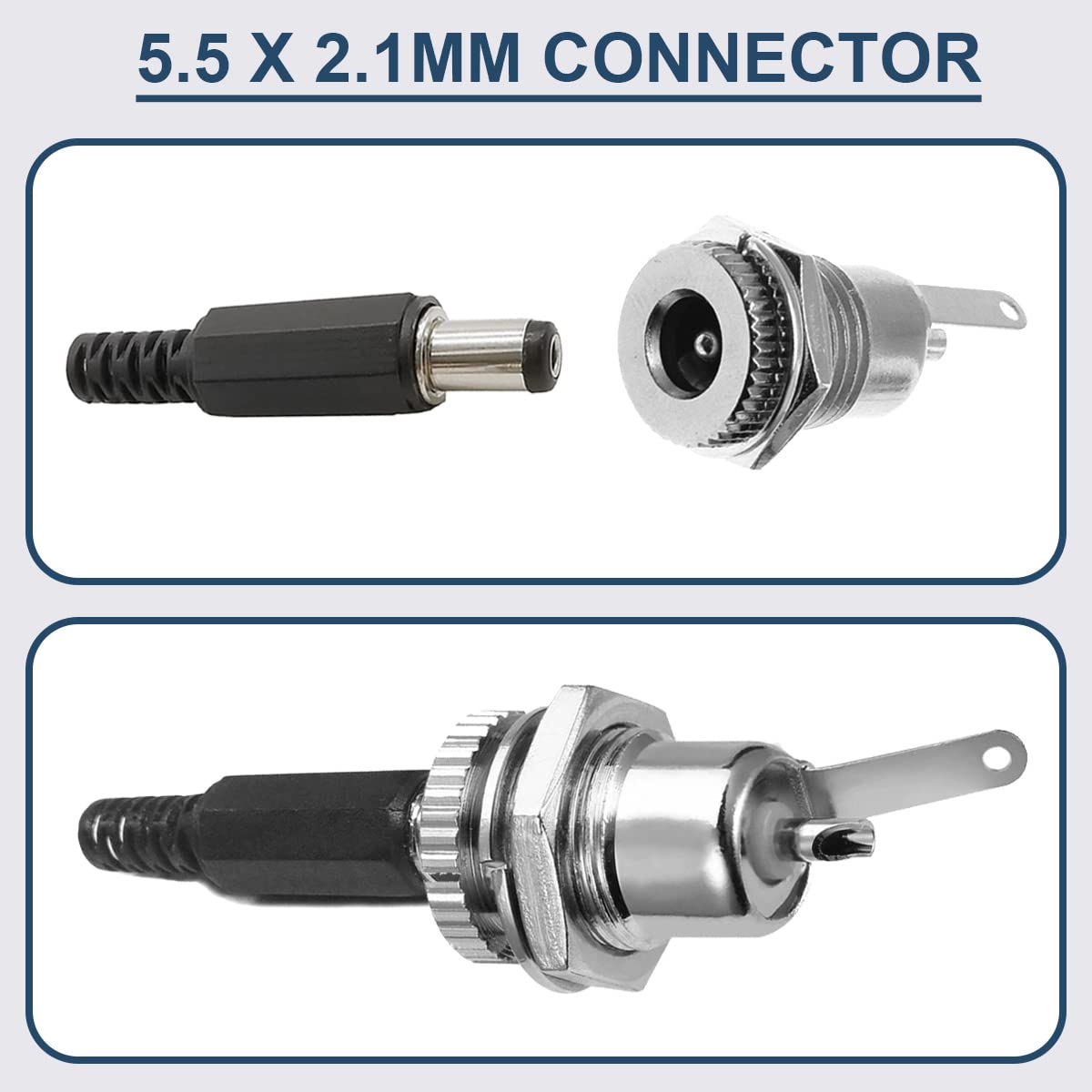 Kit Di 10 Connettori DC 5.5x2.1 Mm Per Montaggio A Pannello: 10 Prese Femmina Con Tappo Impermeabile E 10 Spine Maschio, 30V 5A, Nichelati, Per Apparecchi Elettronici