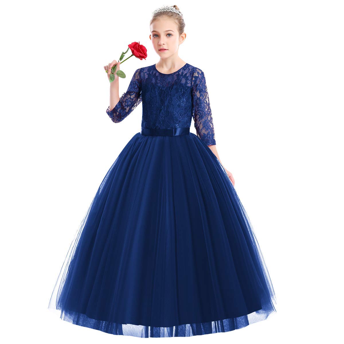 ABEHIK Mädchen Blumenmädchen Hochzeit Spitze Tütükleid Prinzessinkleid Sieben-Viertel-Ärmel Florale Abendkleid für Kinder Festliches Tüll Partykleid Maxikleid