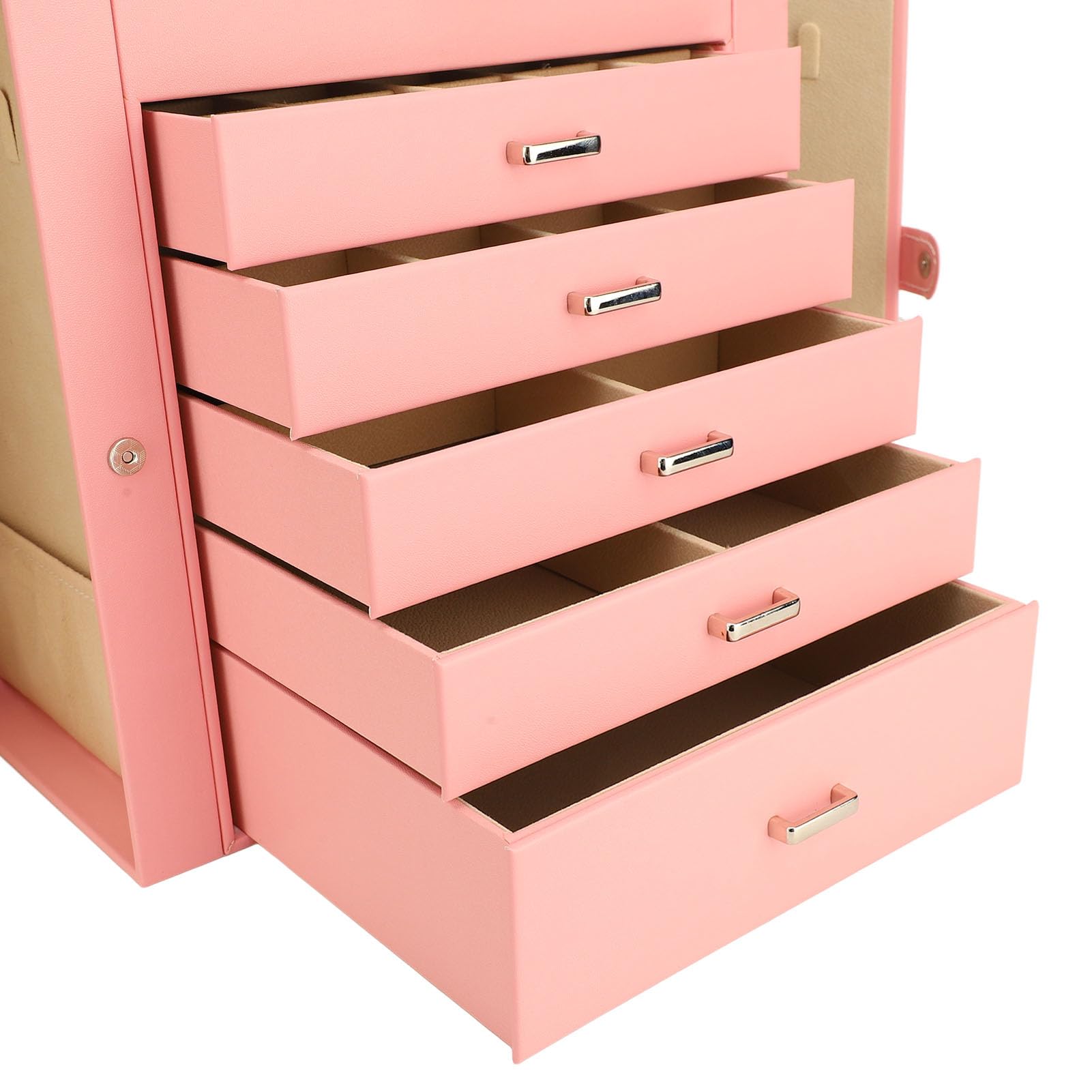 Abschließbare Schmuckschatulle mit 6 Ebenen und 5 Schubladen, Großer Schmuck-Organizer, Spiegel-Schmuckkästchen mit Fächern, Ideal für Damen, Ringe, Ohrringe, Halsketten, Armbänder und Uhren
