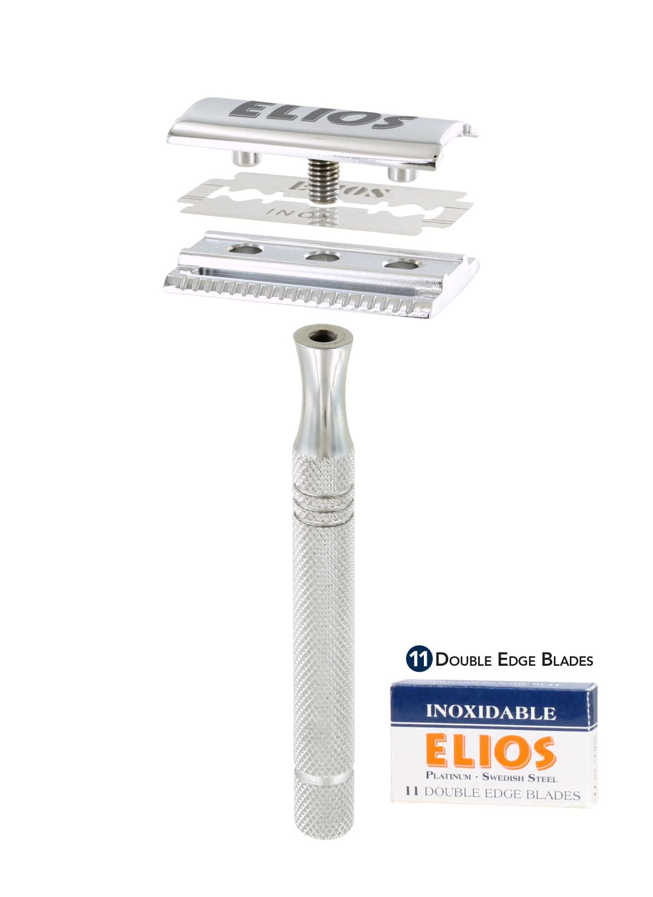 Elios Rasoio di sicurezza a lama intera, rasoio con manico in acciao con 1x11 lamette Elios incluse