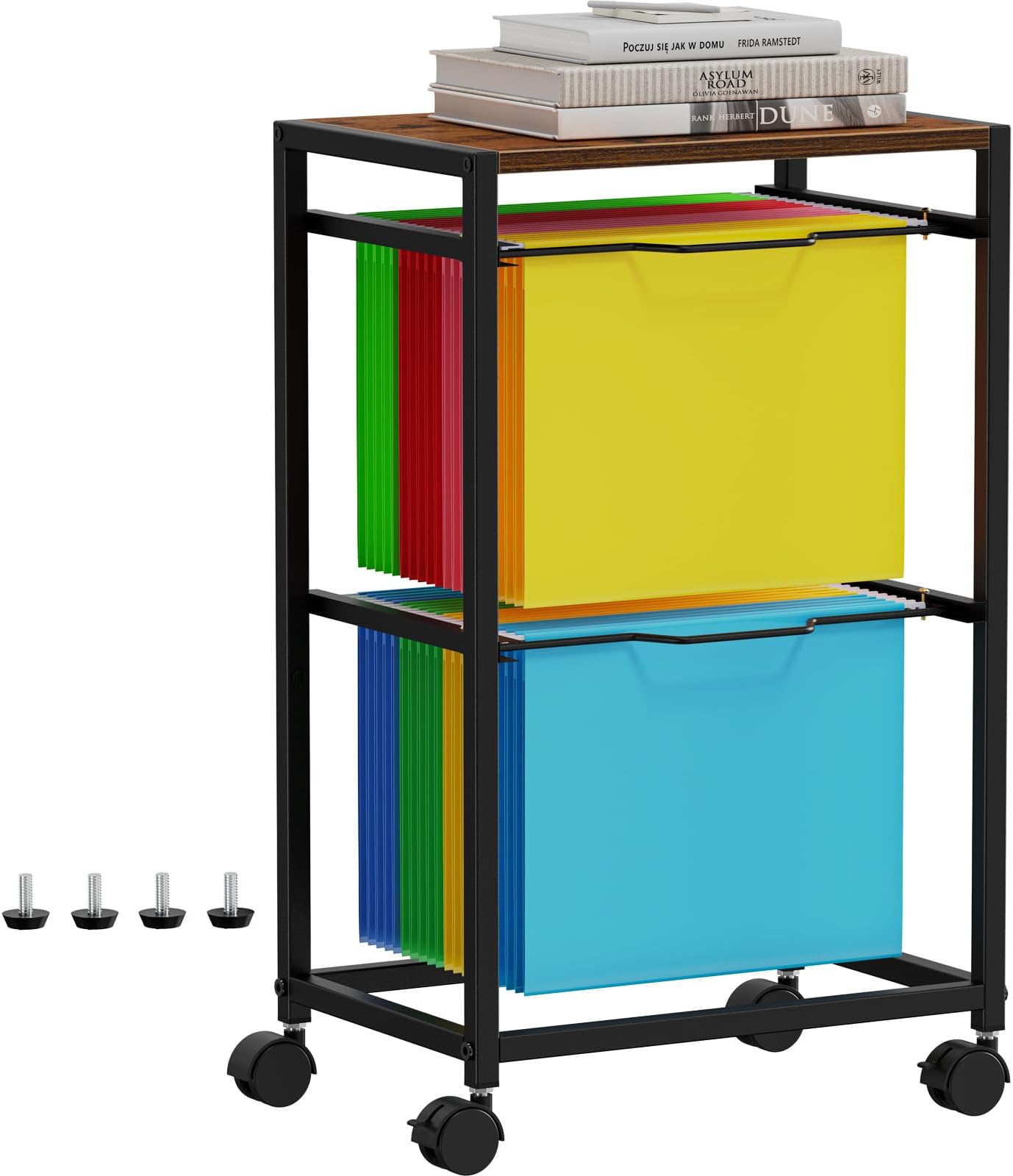 Snughome Rolling File Carts with Wheels Hanging Files for Letter Size, 2 Tiers Metal Movable File Cart, Pull-Out Filing Holder