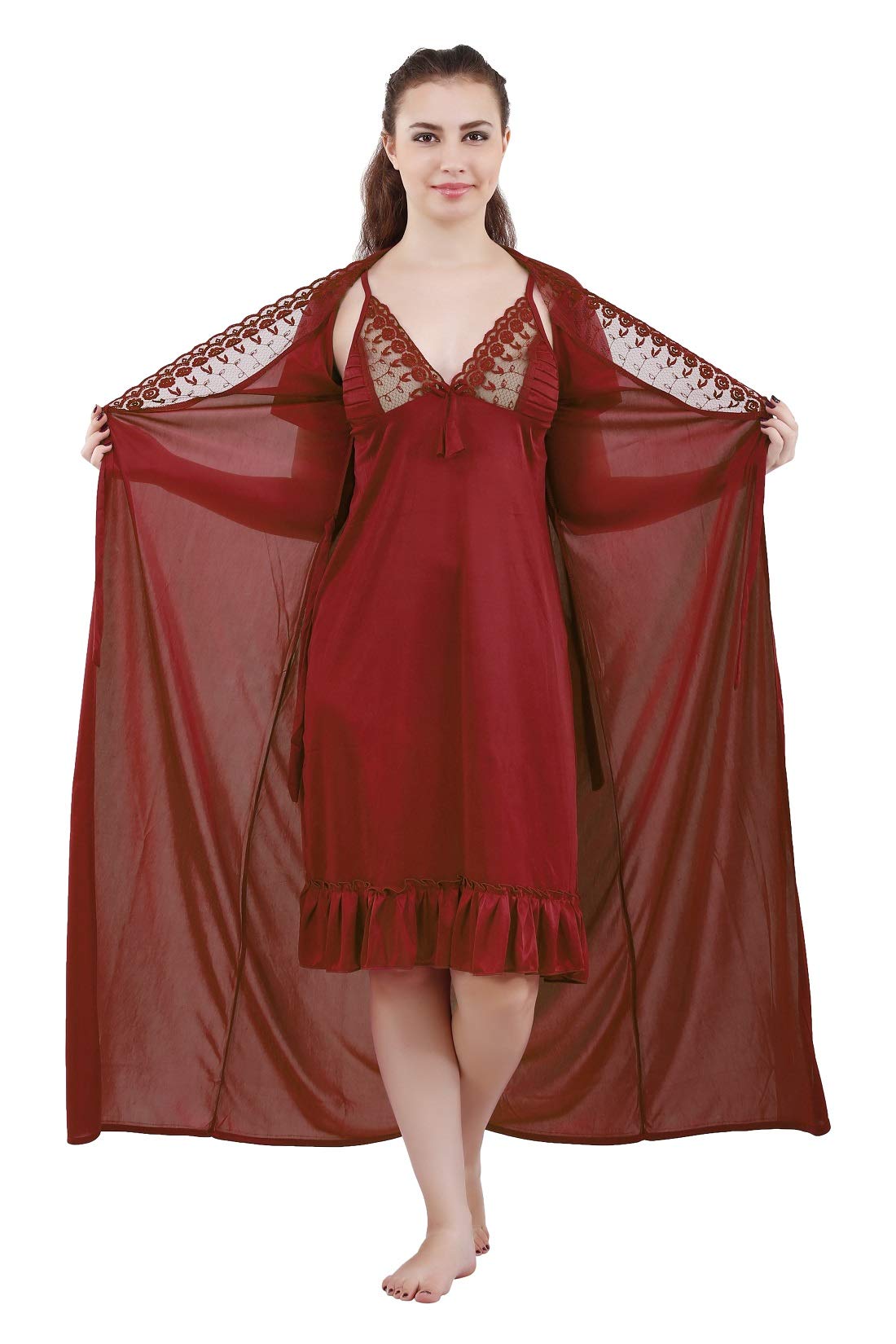 RomaisaWomen's Satin Solid Maxi Length Nighty with Robe (Size - Free Size) (Nightwear Set Pack of 2)