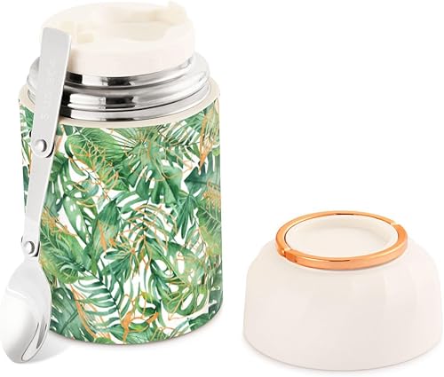 Tropical Leaves Flowers Food Jar with Spoon Stainless Steel Vacuum Insulated Food Container 17 oz Thermos for Adults