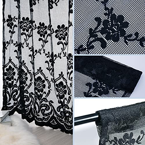 Navadeal 2 Panels Handmade Halloween Gothic Black Lace French Curtain Drape, Rod Pocket, Elegant Vintage Dark Sheer Window With Floral Embroidery Hem, For Parlor Living Room Canopy Bed, 59W X 83L Inch #TOP5
