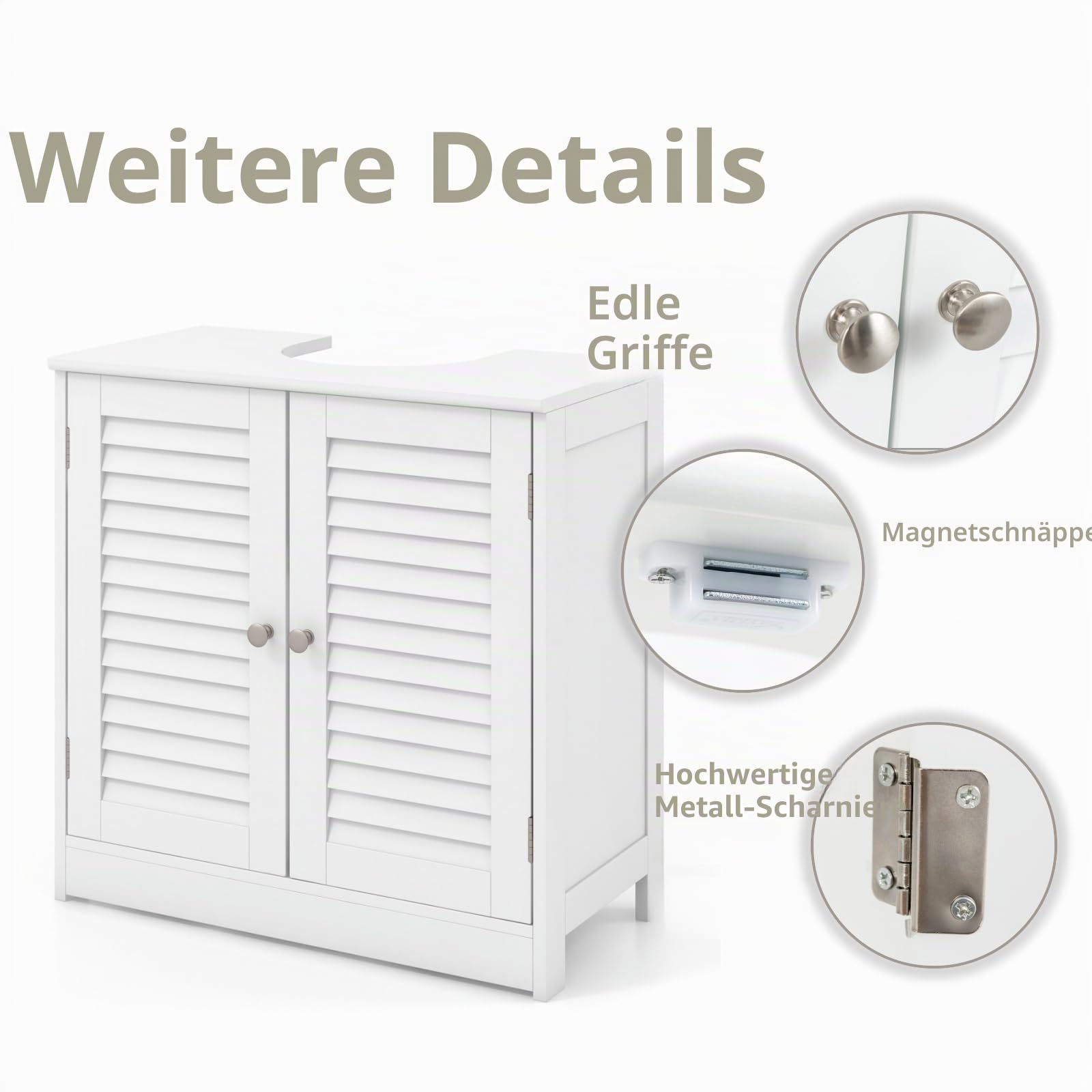 LIFEZEAL Waschbeckenunterschrank weiß, Badschrank Badunterschrank mit 2 Türen, U-Schnitt, Badezimmerunterschrank Waschbecken Unterschrank 60 x 30 x 60 cm (Stil 1)