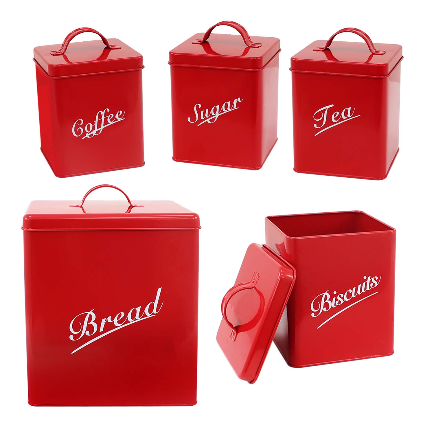 Piece Metal Bread Bin Tea Coffee Sugar Biscuit Canister Containers  Storage Tin (Red)