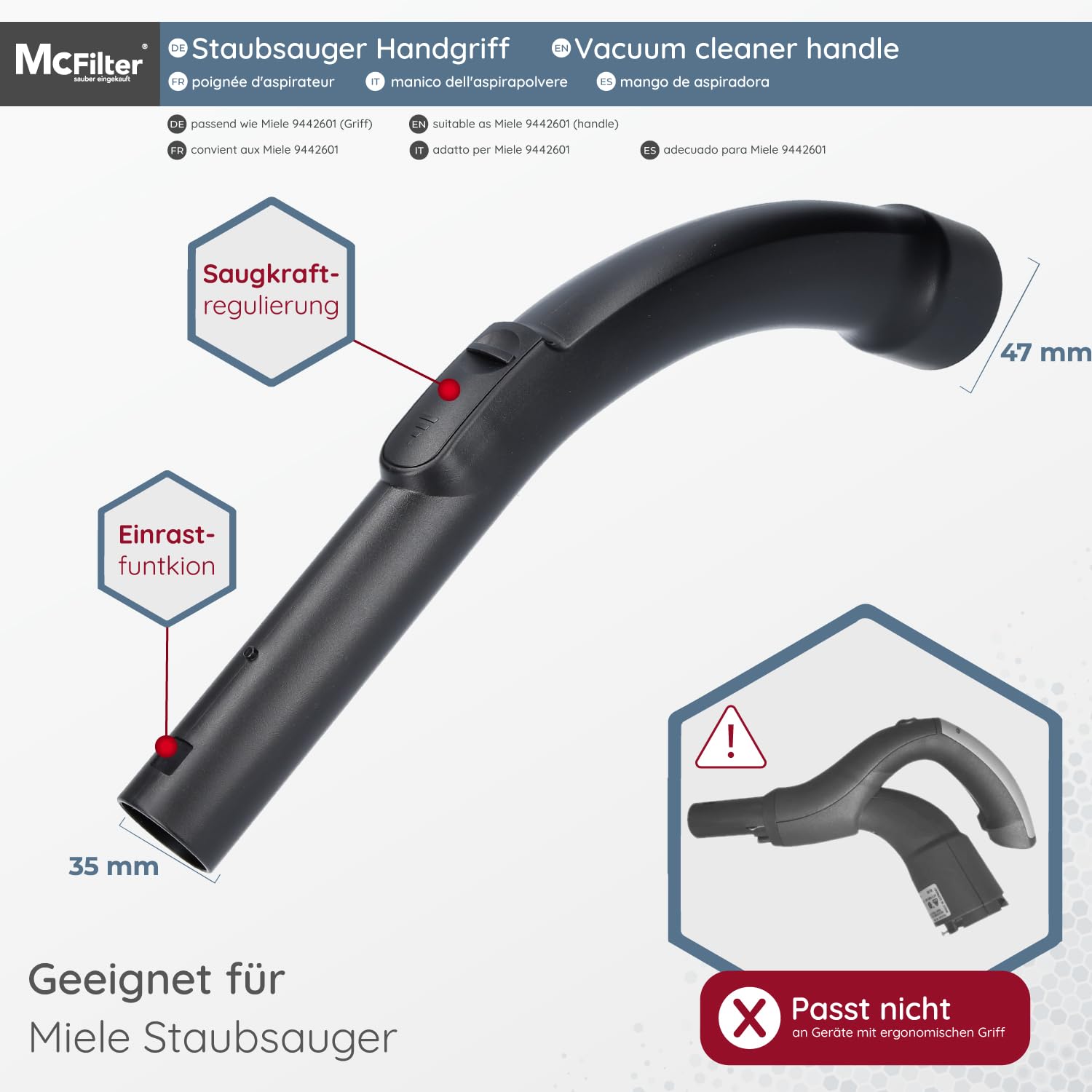 McFilter I Handgriff geeignet für Miele Staubsauger, Alternative für Miele Griffrohr 9442601 (ersetzt 9442600 5269091 5269090) Anschlussdurchmesser 35 mm, inklusive Saugkraftregulierung