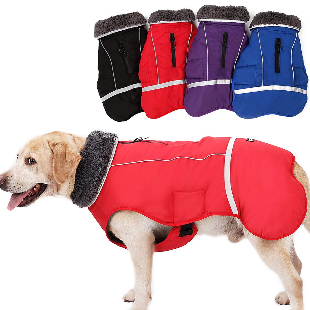 PJDDP Dog Jacket Dog Winter Coat Warm Reflective Dog Clothes with Harness/Leash Hole, Windproof Cozy Dog Vest Dog Apparel with Thick Fleece Lining for Cold Snow Weather for Hiking Outdoor,Red,XXL