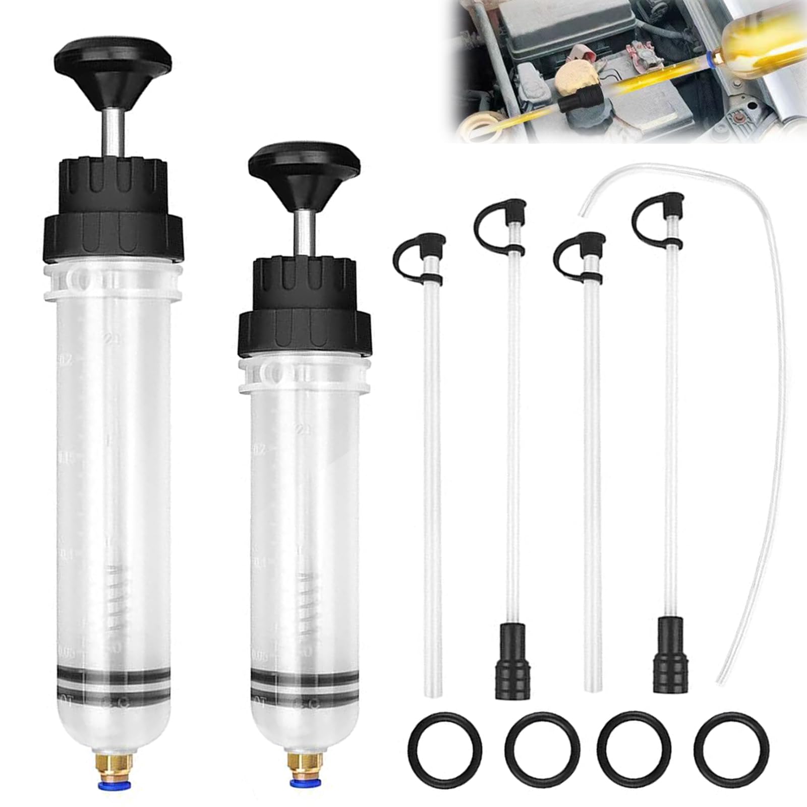 Pompe à Huile Manuelle 500ml + 200ml, Pompe d'extraction et de Remplissage pour Huile Moteur, Liquide de Refroidissement et Huile avec tuyaux Transparents et Tube d'extension de 60 cm