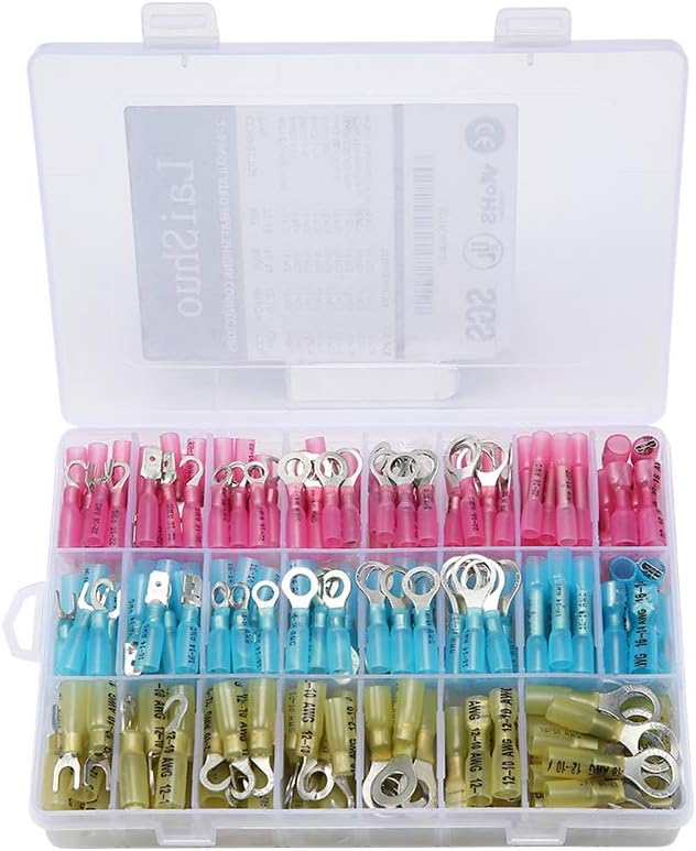 270 Pcs Heat Shrink Wire Connectors Kit,Insulated Electrical Wire Terminals,Laishuo Waterproof Ring Fork Hook Spade Butt Terminals Solderless Marine Automotive Copper Splice Assortment Set