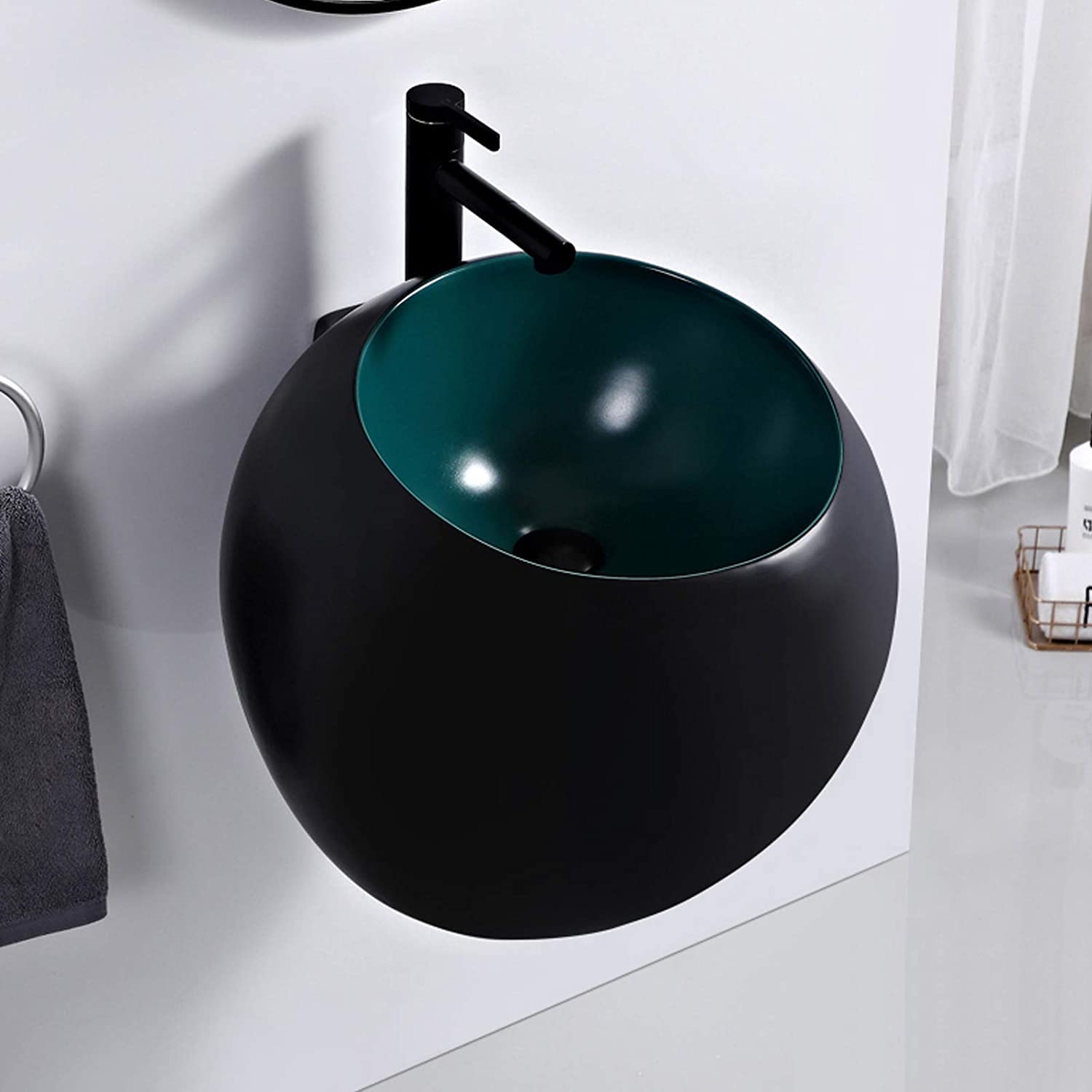 Ceramiczna Umywalka Łazienkowa Mała Kulista Umywalka Łazienkowa Montowana Na Ścianie Ceramiczna Umywalka Nablatowa Z Odpływem Typu Pop-Up, 520X520X430 Mm, Poma,Green