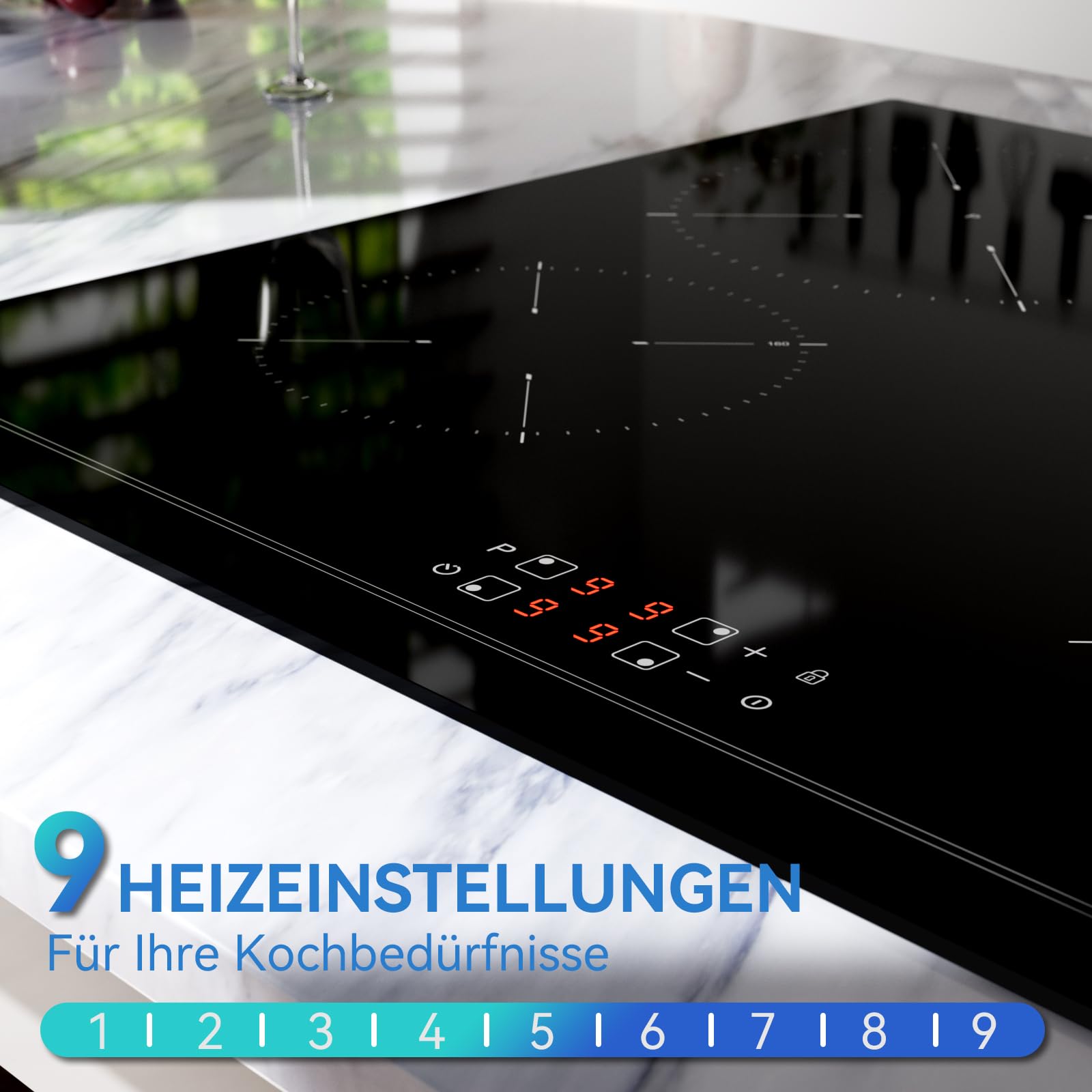Hermitlux Induktionskochfeld 60cm 4 Zonen mit Booster 7200W Touch-Bedienung Kindersicherung Timer