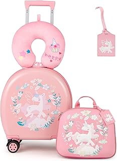 GYMAX 4Pcs Kids Luggage Set, 10” Backpack & 14” Children Hardshell Suitcase with Wheels, Neck Pillow & Name Tag, Toddler Carry On Luggage Set for Travel School (Pink)