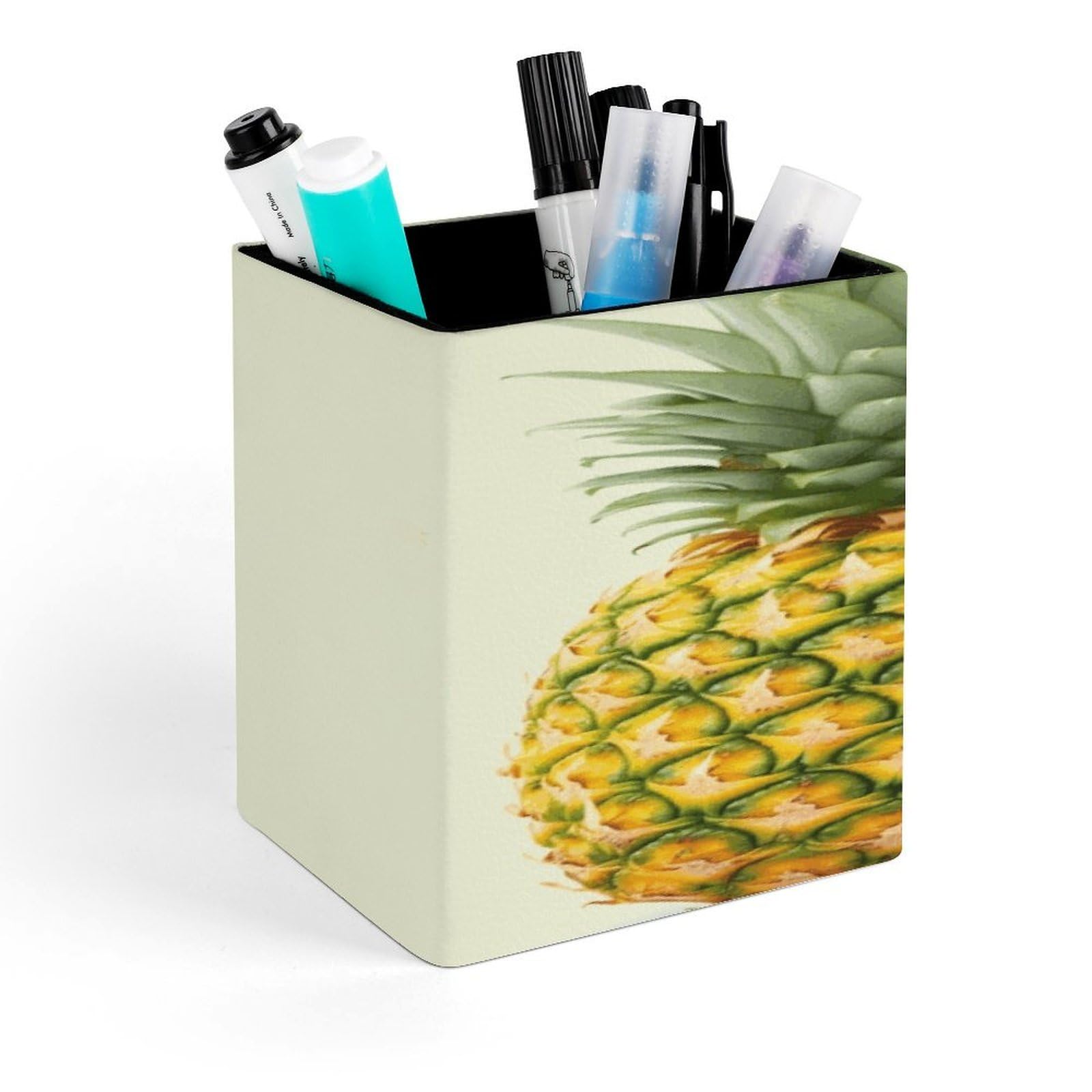 FekiLoot Fresh Pineapple Pencil Holder for Desk Square Leather Pen Holder Cup Desktop Organizer Multi-Functional Pencil Cup Holders Modern Decorative Desk Organizer Caddy Makeup Brush Holders