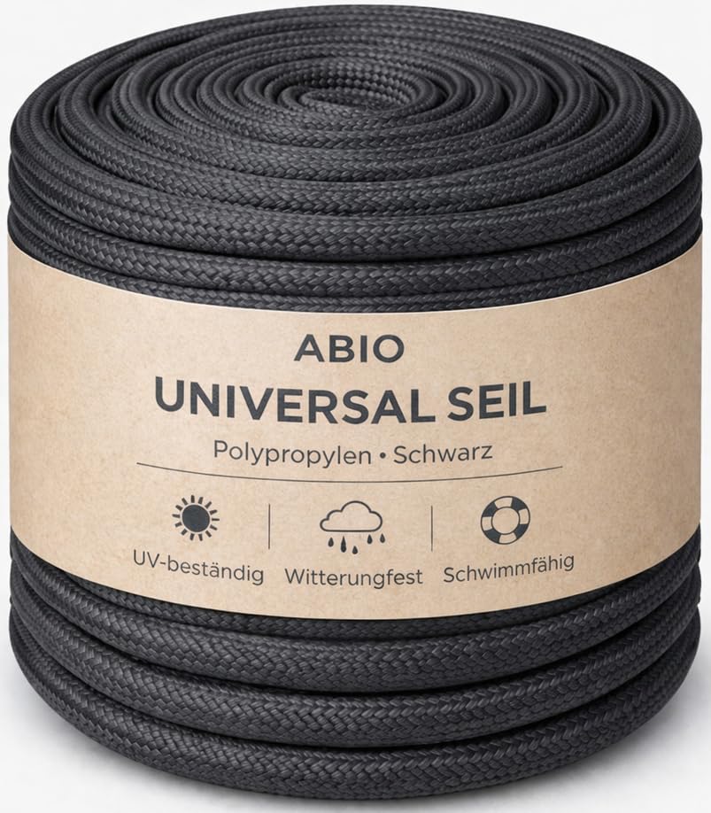Abio Polypropylenseil 12mm 5m Schwarz – PP Seil, robuste Schnur, Wäscheleine, Maurerschnur, Zeltschnur, vielseitiges Outdoor Seil für Garten, Camping, Haushalt und DIY