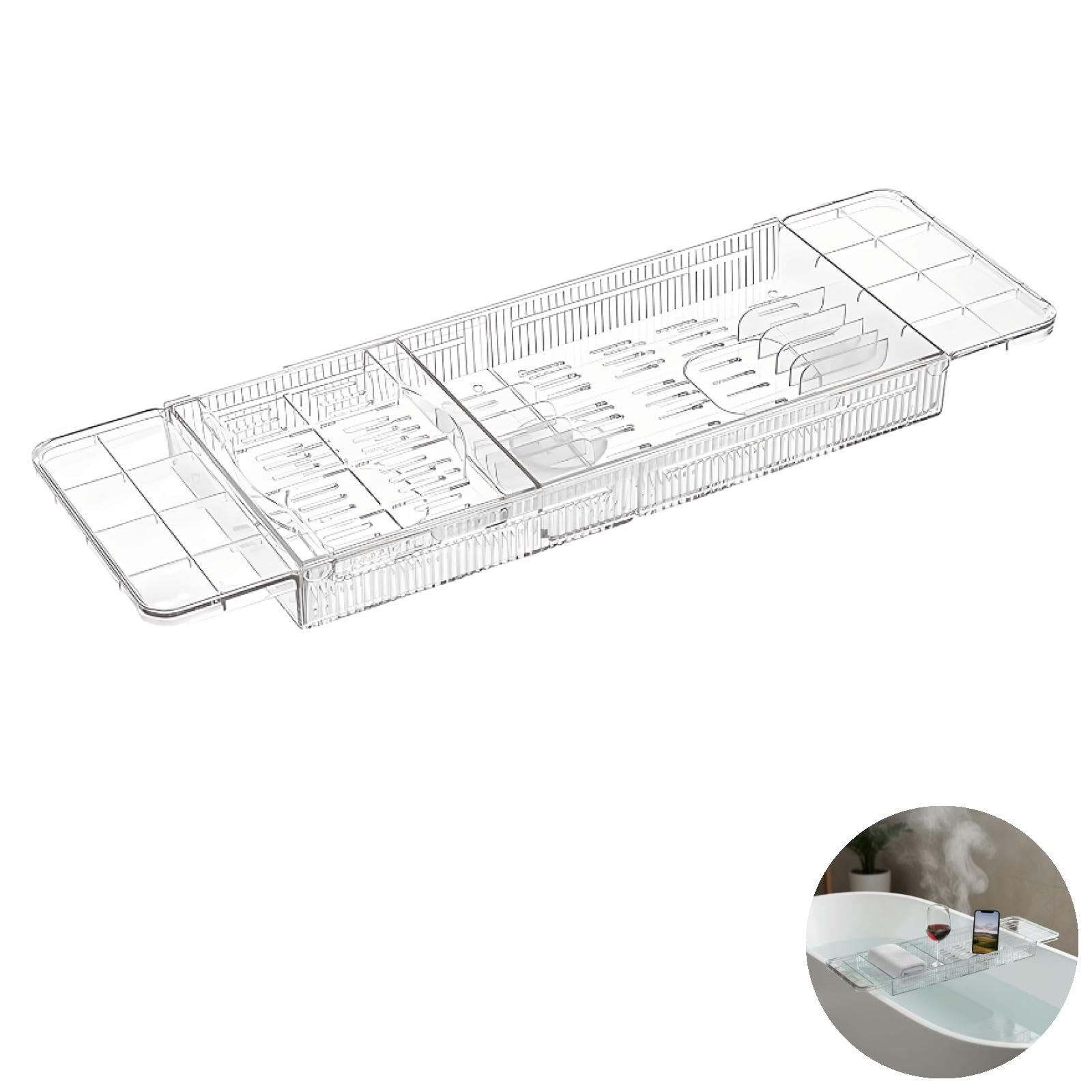 Bandeja de bañera, organizador de baño de plástico transparente expandible con soporte para copas de vino y tablet, retráctil de 22.3 a 31.8 pulgadas de longitud, almacenamiento multicompartimento