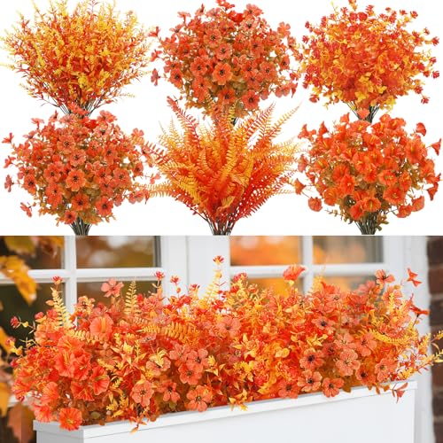 Bassion Artificial Fall Flowers for Outdoors, 15 Bundles UV Resistant Faux Autumn Plastic Plants Fake Mums Flowers for Thanksgiving Home Decor Porch Yard Pot Planter Farmhouse Indoor Decorations