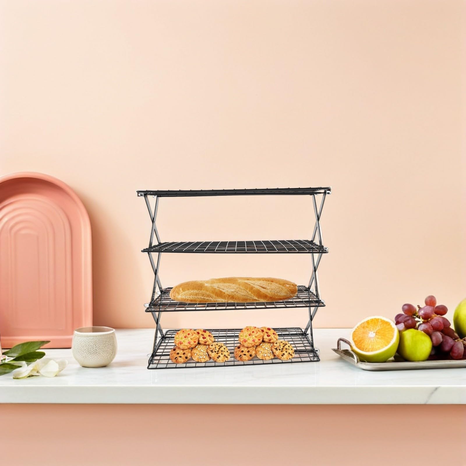 IMIKEYA Rejilla de Enfriamiento de Pan de Hierro Negro, 4 Niveles | Apilable, Plegable, Superficie de Malla, para Galletas y Cocina Profesional