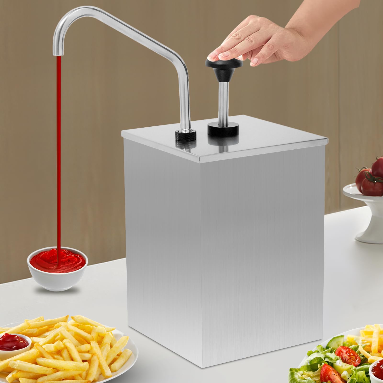 Sauce Dispenser Pump, 4L/4.2Qt Commercial Stainless Steel Squeeze Condiment Dispensing Single Head, Squeeze Condiment Pump Station Soy Sauce Ketchup Mustard Dispensing Pump for Home Restaurant