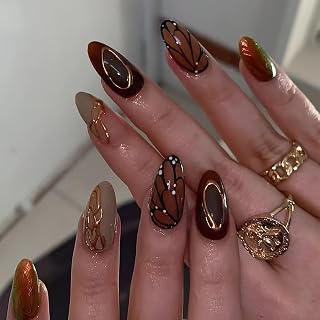 24Pcs Fall Almond Press on Nails Medium Fake Nails with Glue Reusable False Nails with Butterfly Wings Golden Line Design Artificial Acrylic Nails Press ons Brown Full Cover Stick on Nail for Women