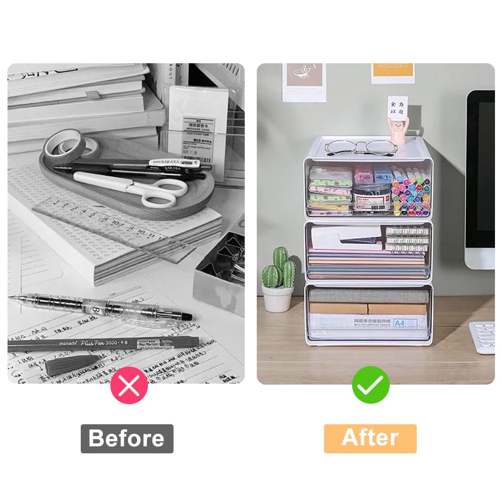 2 cassetti da scrivania, formato A4, organizer da ufficio, in plastica | Con cassetti impilabili, contenitore grande con cassetto per cancelleria e altri accessori da ufficio, bianco trasparente