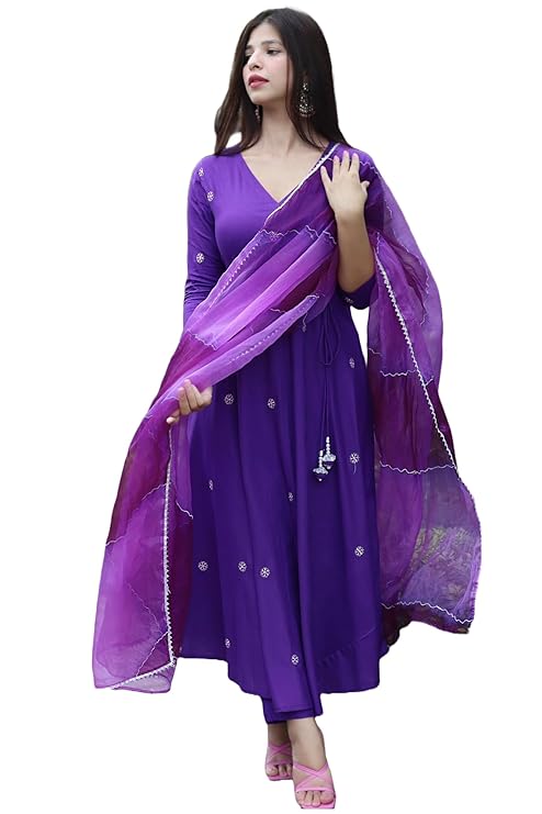 Cotton Blend Anarkali Embroidered Kurta with Pant & Dupatta